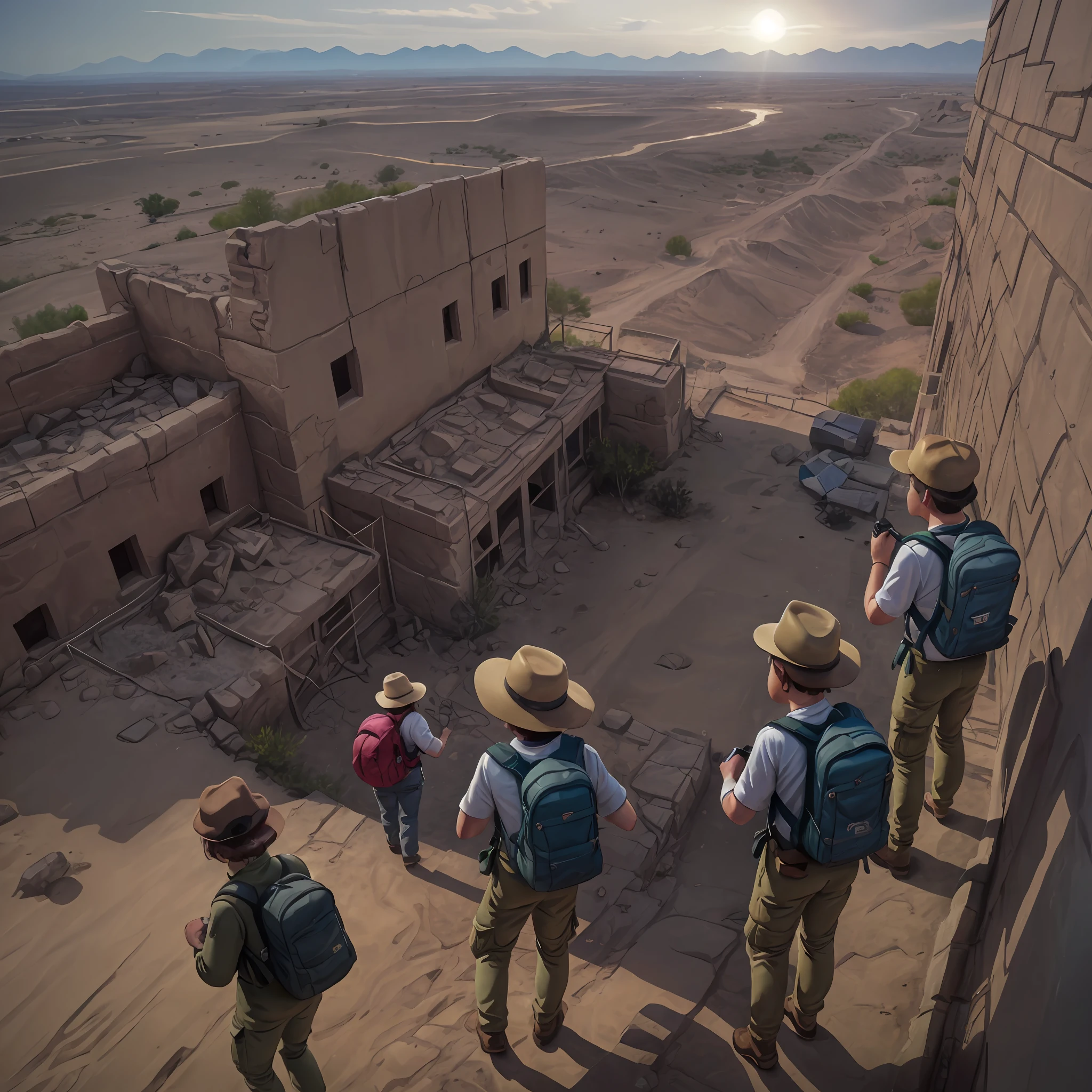 2girls 2boys adventuring in ancient desert ruins, khaki clothes hats and backpacks cargo action camera dutch angle (Masterpiece:1.2) (ilustration:1.2) (melhor qualidade:1.2) (circunstanciado) (intrincado) (8k) (cinematic lighting) (Crisp Focus)