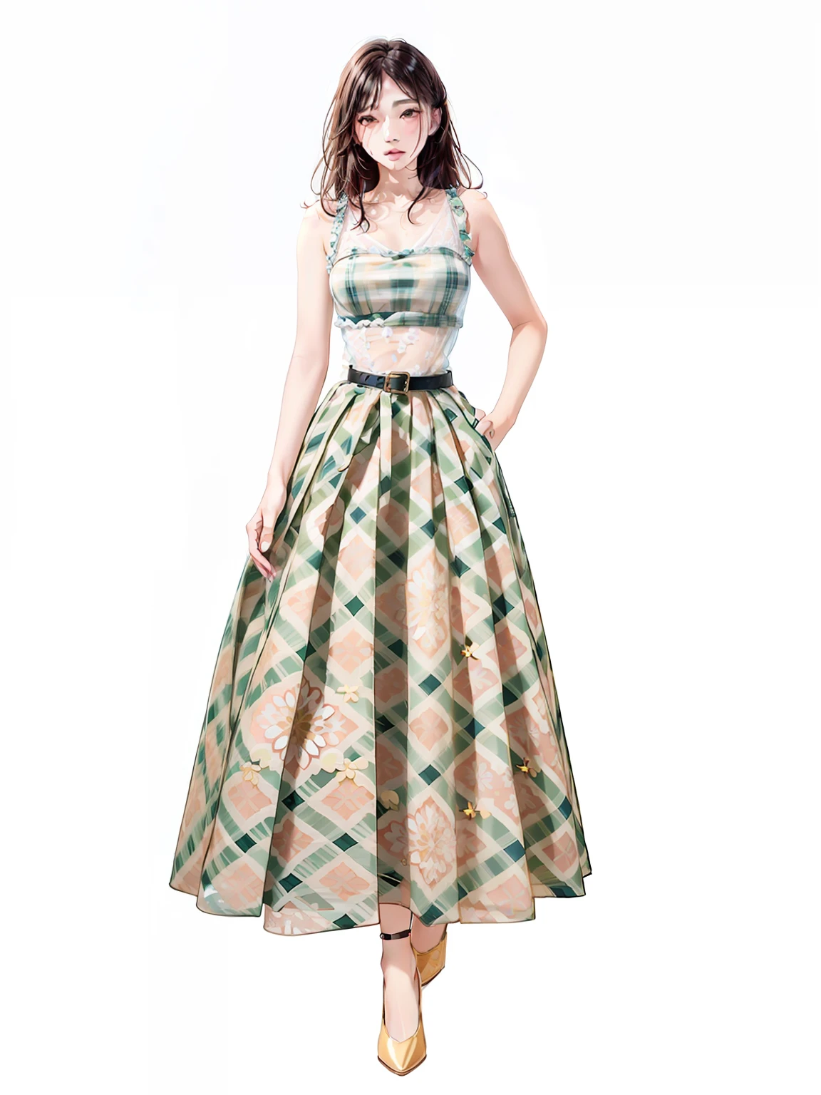 a close up of a woman in a dress with a belt, long dress female, dressed in long fluent skirt, tartan garment, digital art of an elegant, rendering, long skirt, detailed fashion illustration, wide skirts, plaid skirt, fashion designer, stylized digital illustration, designer fashion, 2 d cg, luxury fashion illustration, formal attire, femme