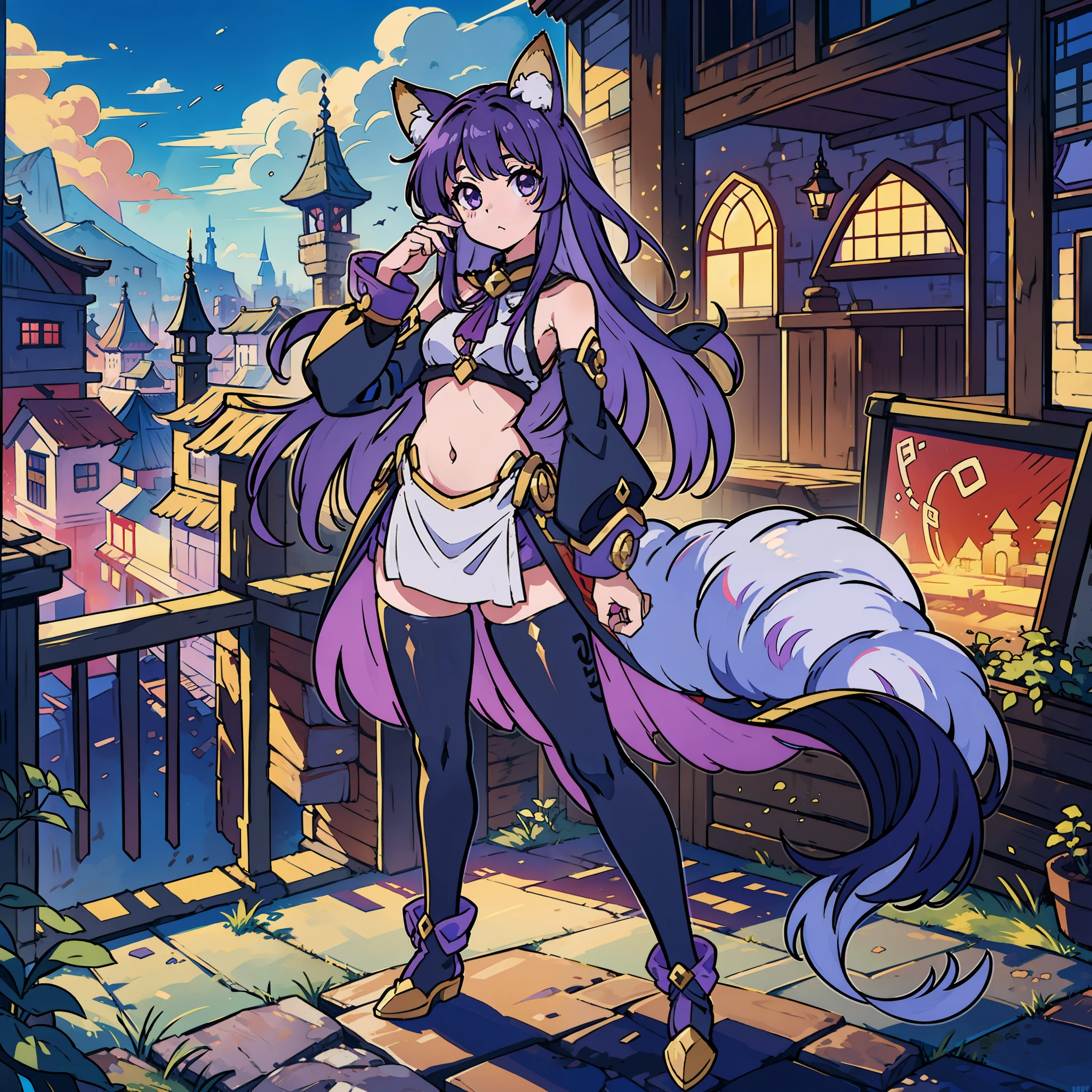 Fox ears、Fox tail、Purple hair、long-hair、Kigurumi、Standing Picture、Shorter、petit、Um corpo inteiro、Fantasy background、towns、((Um corpo inteiro))、((masterwork))、((Anime filling))、anime character