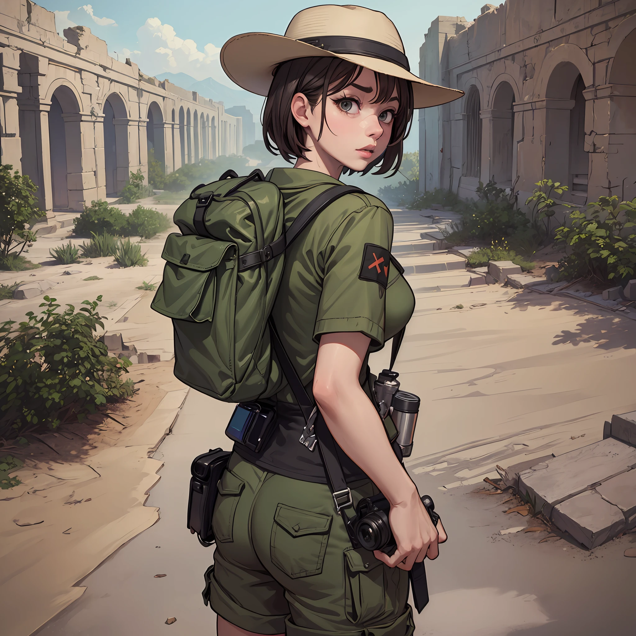 2girls 2boys adventuring in ancient desert ruins, khaki clothes hats and backpacks cargo action camera dutch angle (Masterpiece:1.2) (ilustration:1.2) (melhor qualidade:1.2) (circunstanciado) (intrincado) (8k) (cinematic lighting) (Crisp Focus)