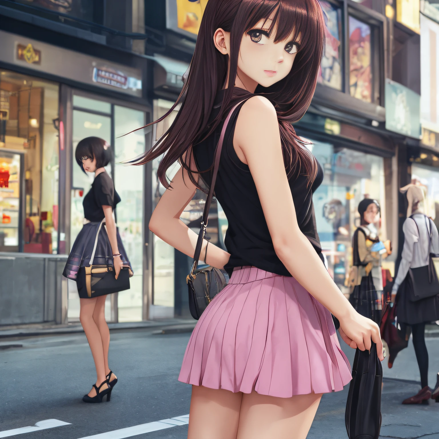 City Street，Girls in short skirts，anime styled，close up shot