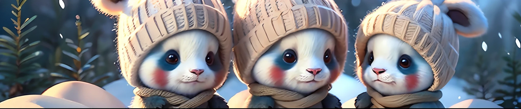 muita neve caindo, 2 pandas with big, bright eyes and snow on the ground