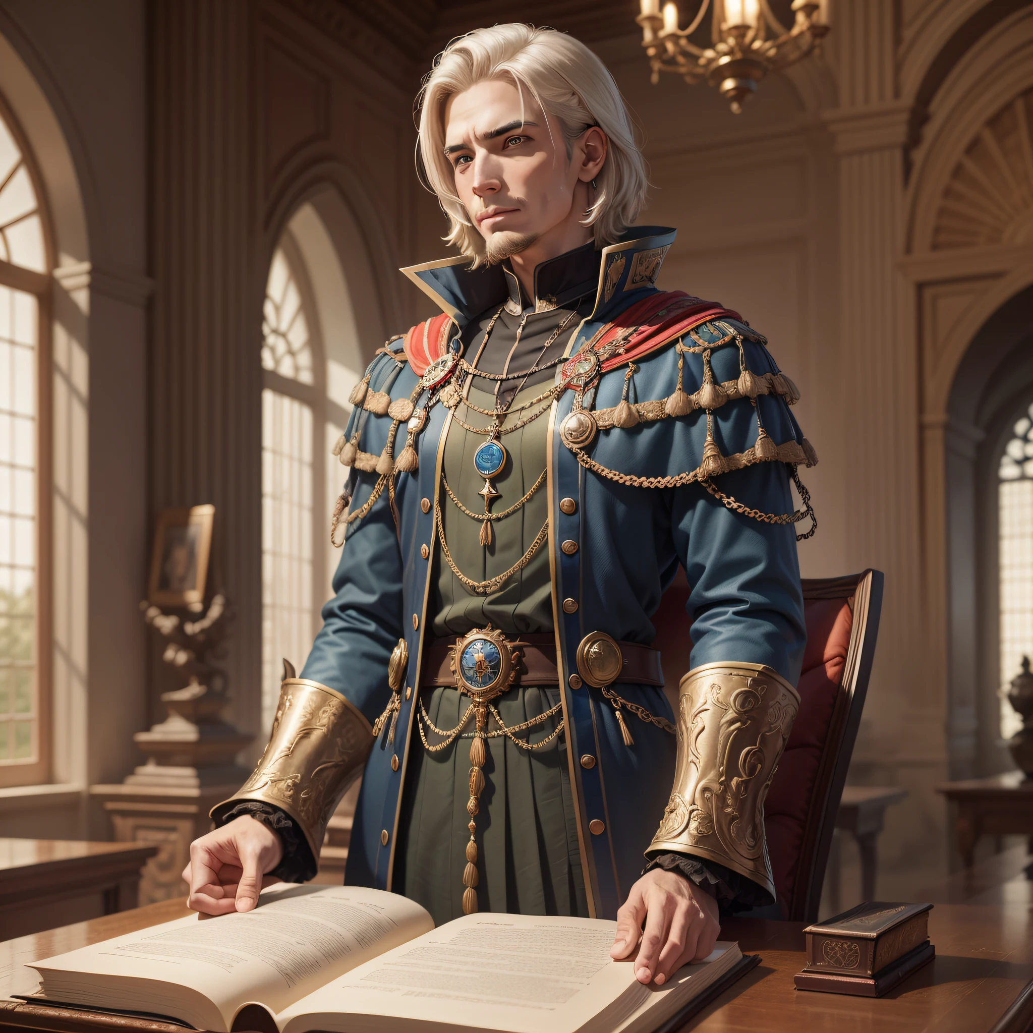 Lord Lucius Valerian is a distinctive-looking young man, com cabelos escuros e olhos penetrantes de um tom de cinza intenso. His calm and serene expression reflects the depth of his intellect and the focus with which he devotes himself to study and strategy.
With an upright posture and an aura of wisdom beyond his age, Lord Lucius is an avid and dedicated scholar. He finds his true refuge in the family library, onde passa horas imerso em tomos antigos e pergaminhos empoeirados. Seus conhecimentos abrangem uma ampla gama de assuntos, From history and politics to philosophy and military strategy.
