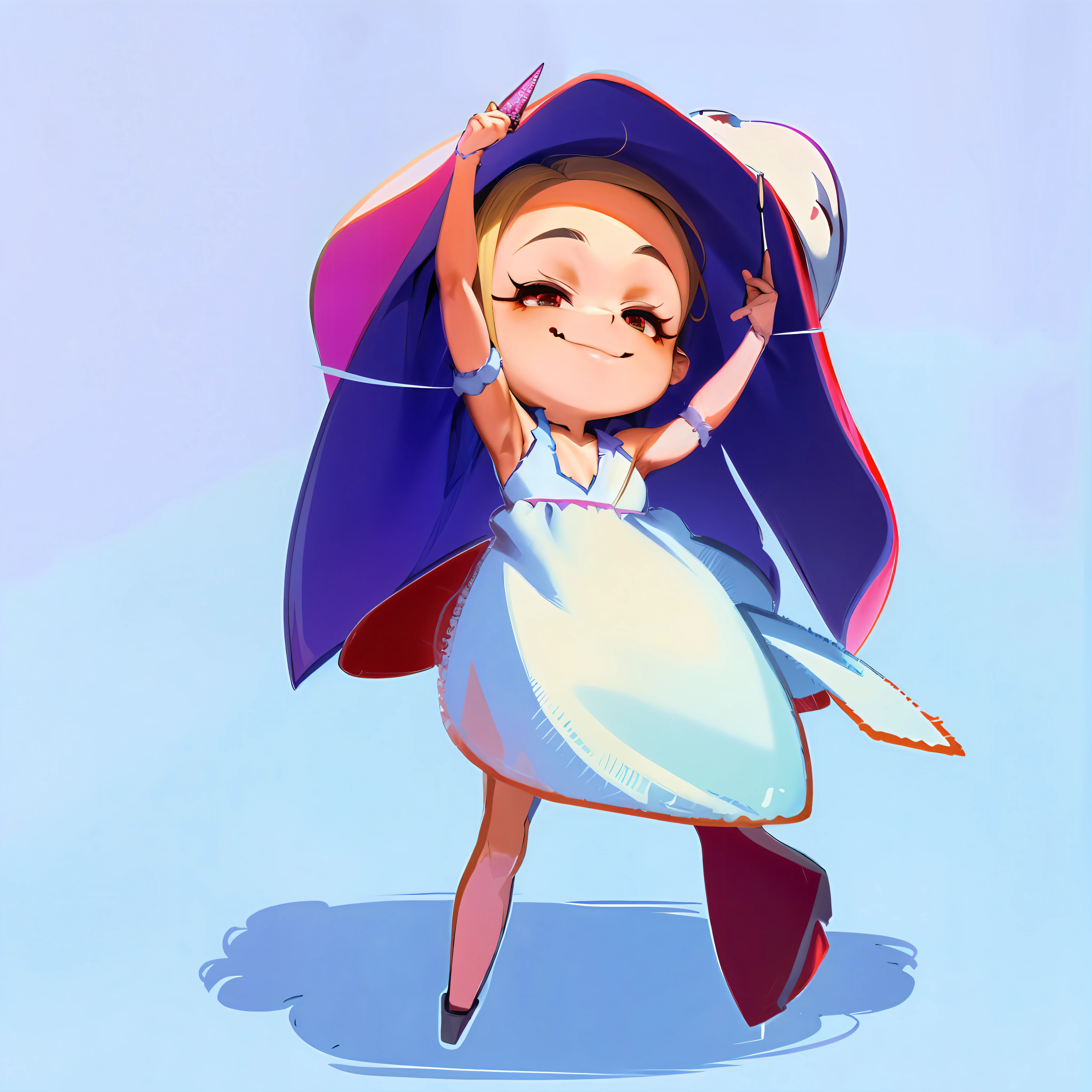cartoon girl in a white dress and blue hat holding a purple umbrella, from touhou, touhou character, with cape, resin, Chibi T-Shi, spider-gwen, she is dancing, Lust, madeline from celeste, chibi girl, little witch academia, touhou project, dancing character, cute artwork, [ conceptual art ]!!, posing in(Arms up + happy)