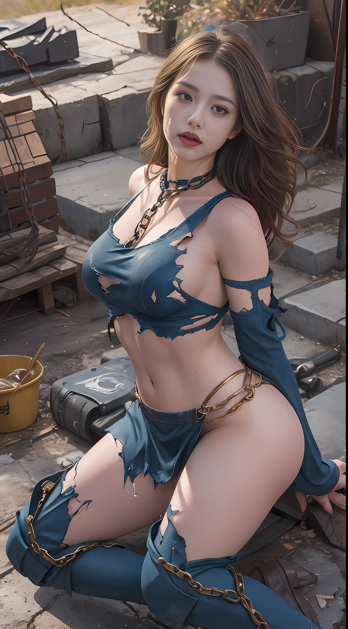 - [ ] photo,Sharpness,unique 850 4, Koda850 k portrait camera, F1.6 lens,ultra-realistic textures,spectacular light textures, Cinestil 800 fashion mechanics, (((4本の先端が尖った指の太さの穴あけ用ドリルが身体に向かっている、1本のドリルが地面を割って股間に向かい上に伸びる))),(tears flow, cry with pain),容姿,Beautiful girl with accentuated slender abs: 1.4,Six Pack Abs: 1.4, Bust Botox,standing on tiptoe, long legs,風になびく長い茶髪,brown hair, long hair, 女戦士コスチューム、((wearing a torn sheer costume of a superheroine)),(no panties, no bra),(futuristic sci-fi battle fashion,elbow and knee cyberpad, cyberglove: 1.1),((torn costume)),お腹が出てへそが見える,薄い透けた衣装,胸の部分が破れている、metallic shoulder armor and combat gloves,shredded costumes,cyber long combat boots with golden knee pads,anatomical,(futuristic sci-fi battle fashion, cracked elbow and knee cyberpads, torn cyberlong boots, torn cybergloves: 1.1),広大な牢屋、((wide prison with sunlight)), peeling of the ceiling, broken slabs, rebar between cracks, realistic material details, extreme details, ultra-realistic materials, broken walls,torn cloak, Torn pantyhose, 拘束, ((straddling the iron bar)),(tied perfectly by iron chain), restraint, slave, collars, contempt, (chained), chains digging into the crotch, hands tied behind the back, invisible hands, ((4 chains hung from heaven)), metallic shackles and fetters, wet crotch clearly visible,((両手が頭の上で拘束されている)), ((膝で縛られた左脚が吊るされている)),首が鎖で繋がれている、左膝から天へ鎖、錆びた鉄の鎖で繋がれている、((服の上に鎖)) , ((the tip is protruding, the areola protrudes, the shape of the pubic area is clearly visible)),左脚が鎖で縛られY字バランスのポーズ, ((iron pipe into the crotch)) ,sweating,wet,wet crotch,wet thighs,血,blood splattered on the face, junkyard, blood splattered, realistic, (bruises, dirty, ripped clothes, skimpy clothes, blood: 1.3), broken shields and battle spears, sword and shield made of Swarovski at the feet、