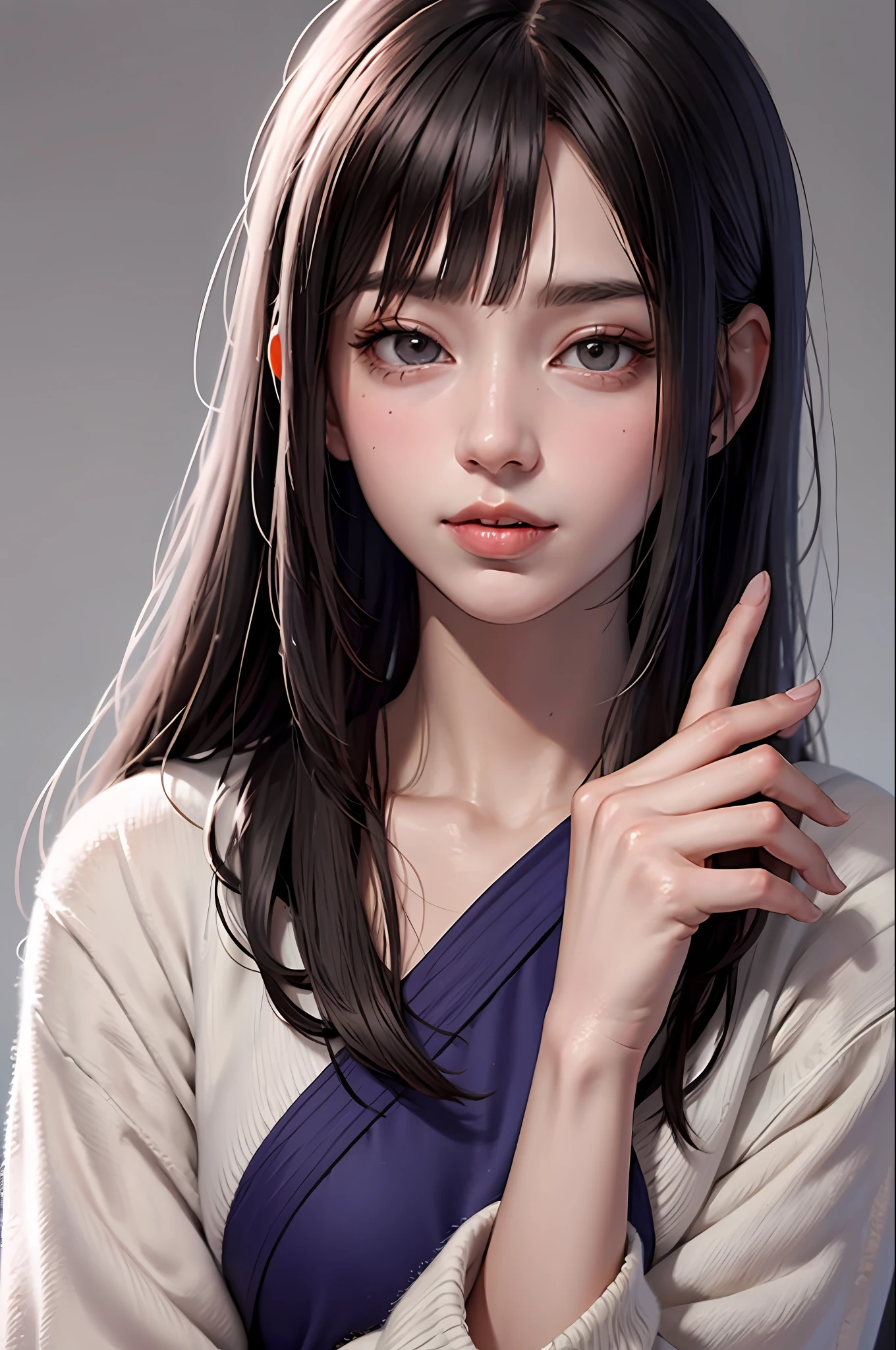Hinata hyuga olhar penetrante, olhos violetas, biting lips, dedo na boca