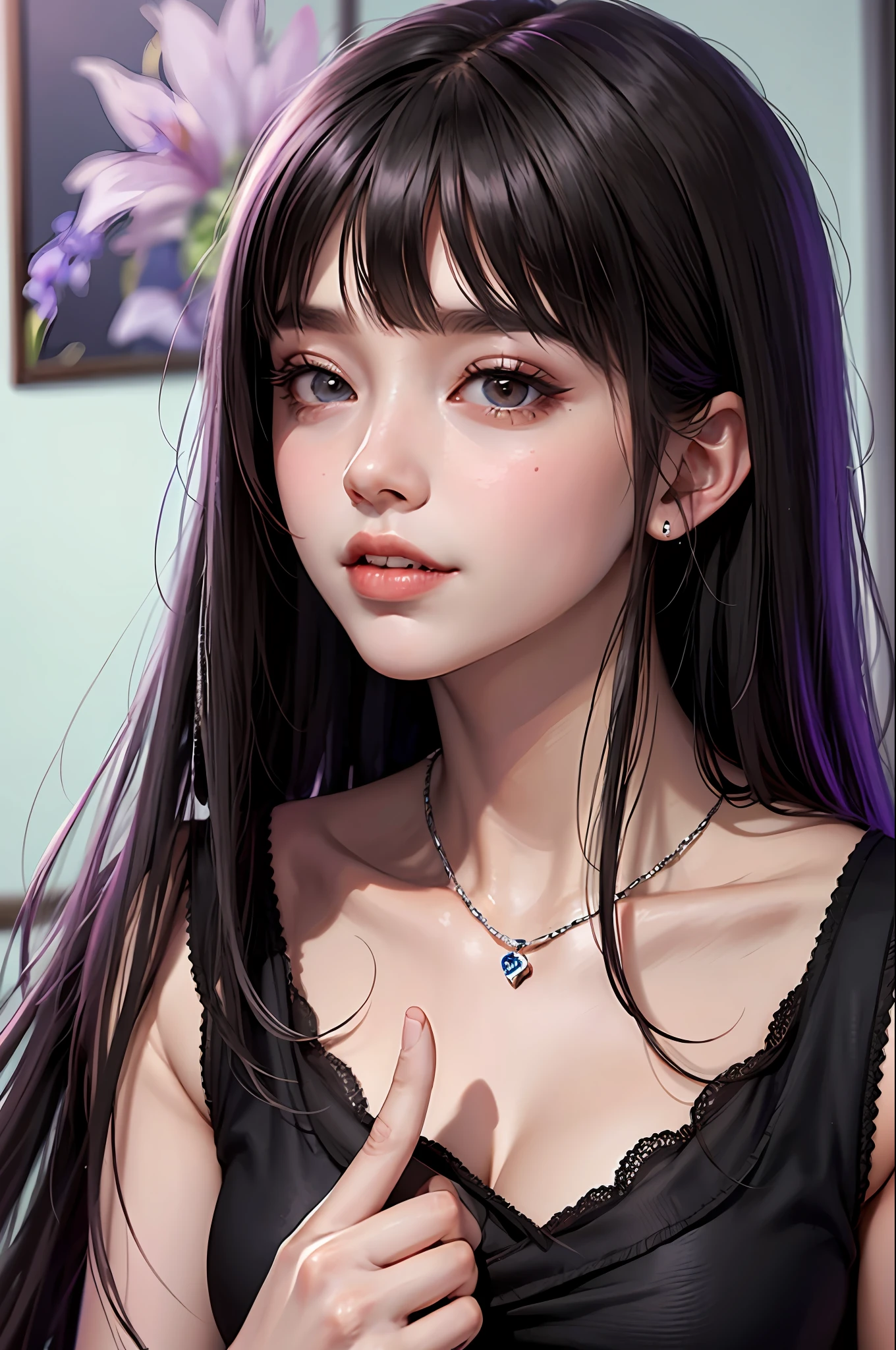 Hinata hyuga olhar penetrante, olhos violetas, biting lips, dedo na boca