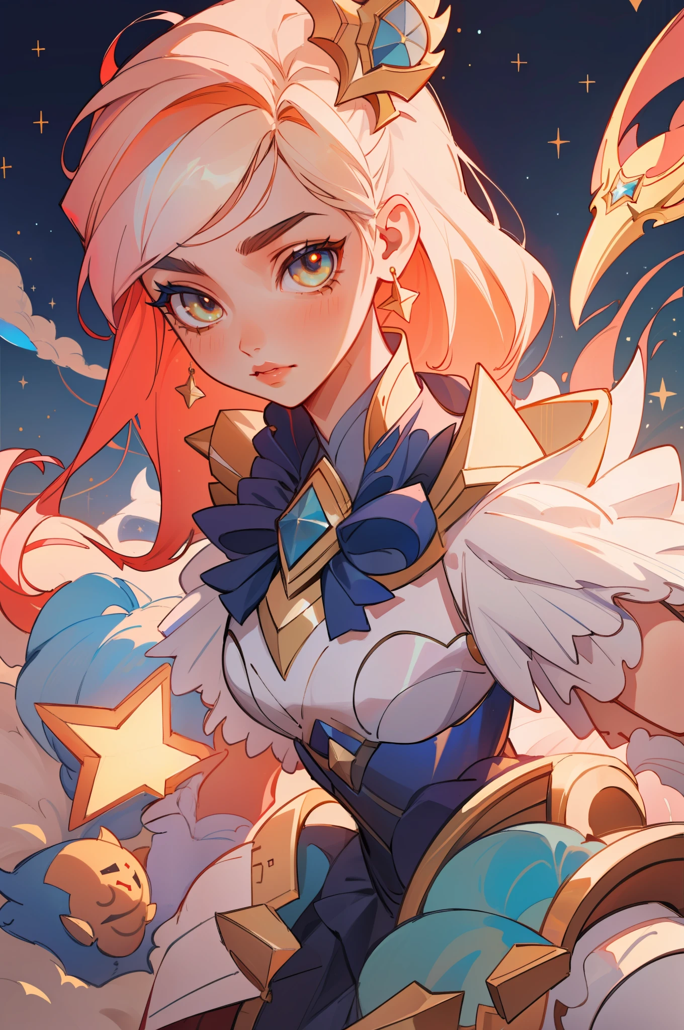 (masterpiece, best quality), intricate details, 8k, artstation, sharp focus, 1girl, star guardian, league of legends, (warm color theme)