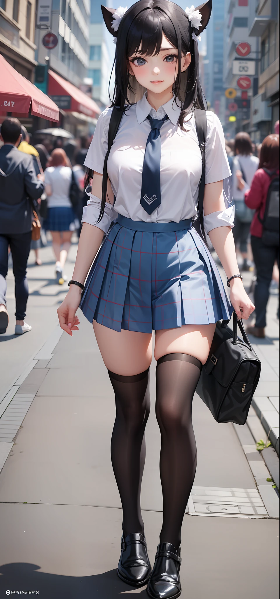 Grundlegendes Aussehen: Marin is a pretty, energetic schoolgirl with long, welligen, hellblauen Haaren und leuchtend blauen Augen 1 11 . Personality: Marin ist lebenslustig, begeistert, unordentlich und manchmal tollpatschig. She is a big otaku and especially loves Magical Girl anime 3 . Kleidung: Marin usually wears her school uniform, the one made of a white blouse, einem kurzen, dunkelblauen Rock, einer lockeren Krawatte und kniehohen Socken besteht 14 . She often leaves the top buttons of her blouse open and wears her tie loosely, um bequem zu sein 1 . Outside of school, She wears simple and comfortable clothes such as T-shirts, Jeans oder karierte Hemden und Shorts 1 . Cosplay: Da Marin eine begeisterte Cosplayerin ist, she changes her outfits frequently, um verschiedene Charaktere darzustellen 1 . You can include different cosplay costumes in your image composition, to reflect their passion for the hobby. Hintergrund: Since you want to create an anime background, you can use elements from the world of "Mein Dress-up-Liebling" oder allgemeine Anime-Themen verwenden. Zum Beispiel, They could create a school environment, Choose a cosplay workshop or convention scene as a background.
