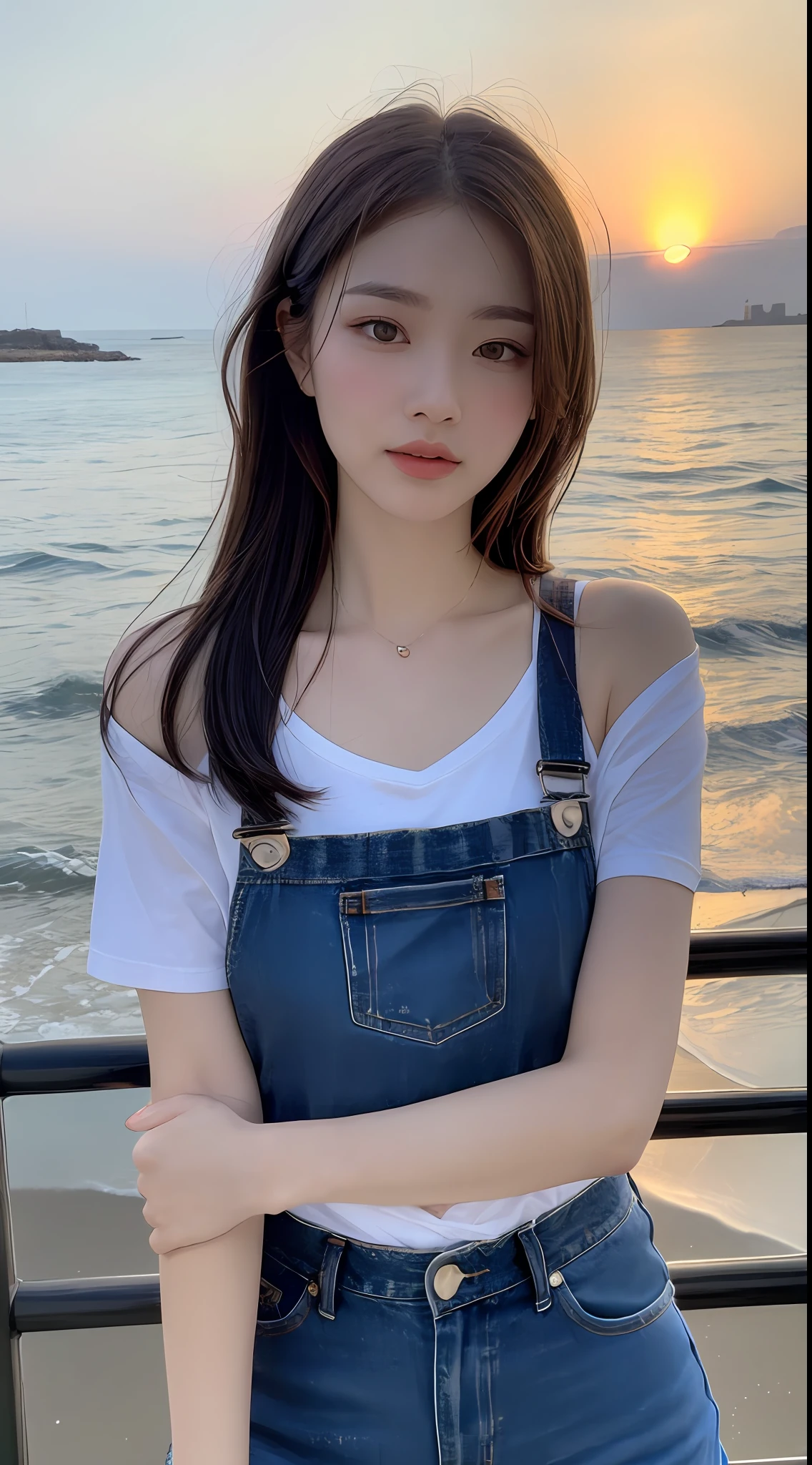 （（midnight， best-quality， 8k， Masterpieces ：1.3））， all body， long-legged， Sharp focus ：1.2， A beautiful woman with a perfect figure ：1.4， Slender abs ：1.1， （（Dark brown hair， ：1.2））， （White skinny T-shirt， Denim bib， stand：1.2）， （Sunset，seaside：1.3））， highly detailed face and skin texture， Detailed eyes， Double eyelid， sunset， darken， Backlit， off-the-shoulders