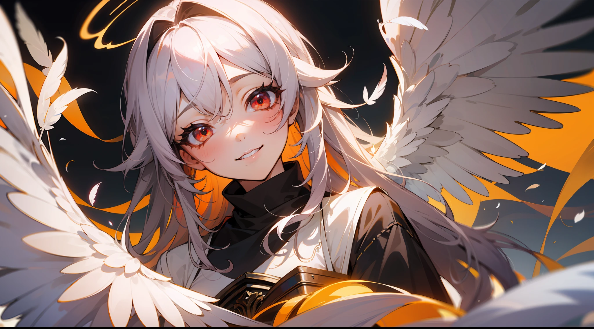 (masterpiece, misteryous), 1girl, angel, cute,(red halo),happy,gorgeos, glowing eyes, red eyes, angel wings, holy, sensual, black tunic, feathers, BREAK temple background, confident, smile, expressive eyes, collofull eyes, contrast, shadows, masterpiece, digital art,majestic, superior, BREAK,wallpaper, symetrical, cinematic