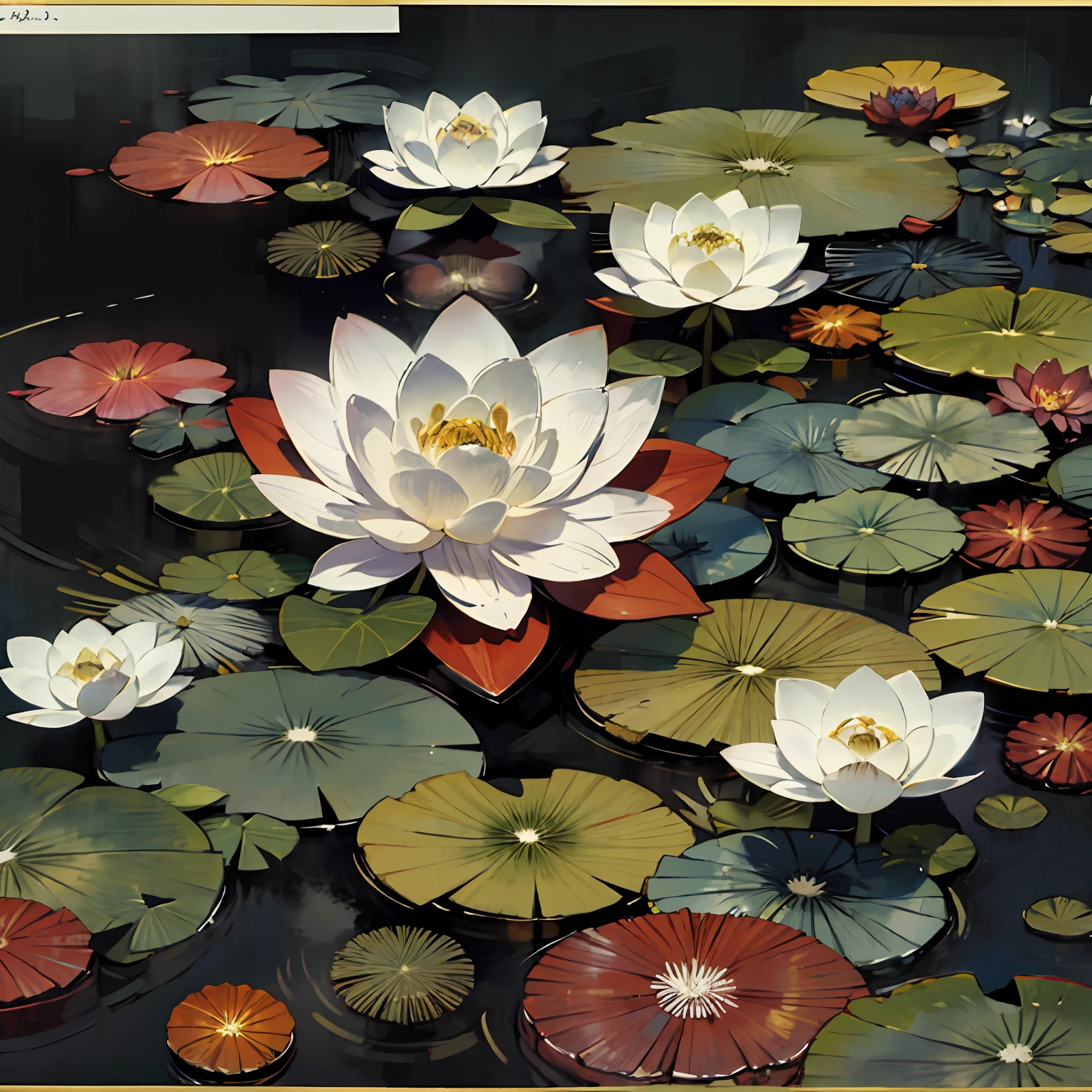 Monet's water lilies，Van Gogh style，high-definition，detail，The strokes are realistic  ，White lotus