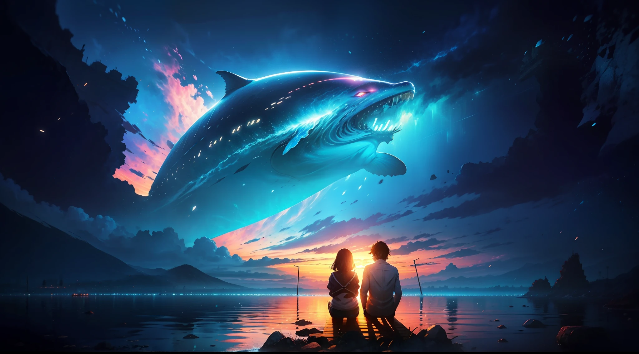 anime scene of two people sitting on a rock looking at a whale, makoto shinkai cyril rolando, guweiz and makoto shinkai, wallpaper anime blue water, ( ( makoto shinkai ) ), anime film still, makoto shinkai and bioware, blue sea. by makoto shinkai, colorful anime movie background