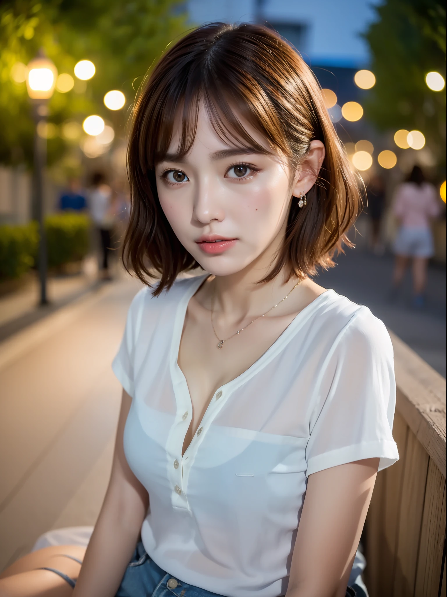 ((Best Quality, 8k, Masterpiece: 1.3, Raw Photo)), Sharp Focus: 1.2, (1 aespa Girl: 1.2), (Realistic, Photorealistic: 1.37), (Face Focus: 1.1), Cute Face, Tenderness, Small Breasts, Flat Breasts, Short Messy Hair, (White Casual Shirt: 1.1), Beautiful Woman Sitting Under Street Lamp Light, Movie Lighting