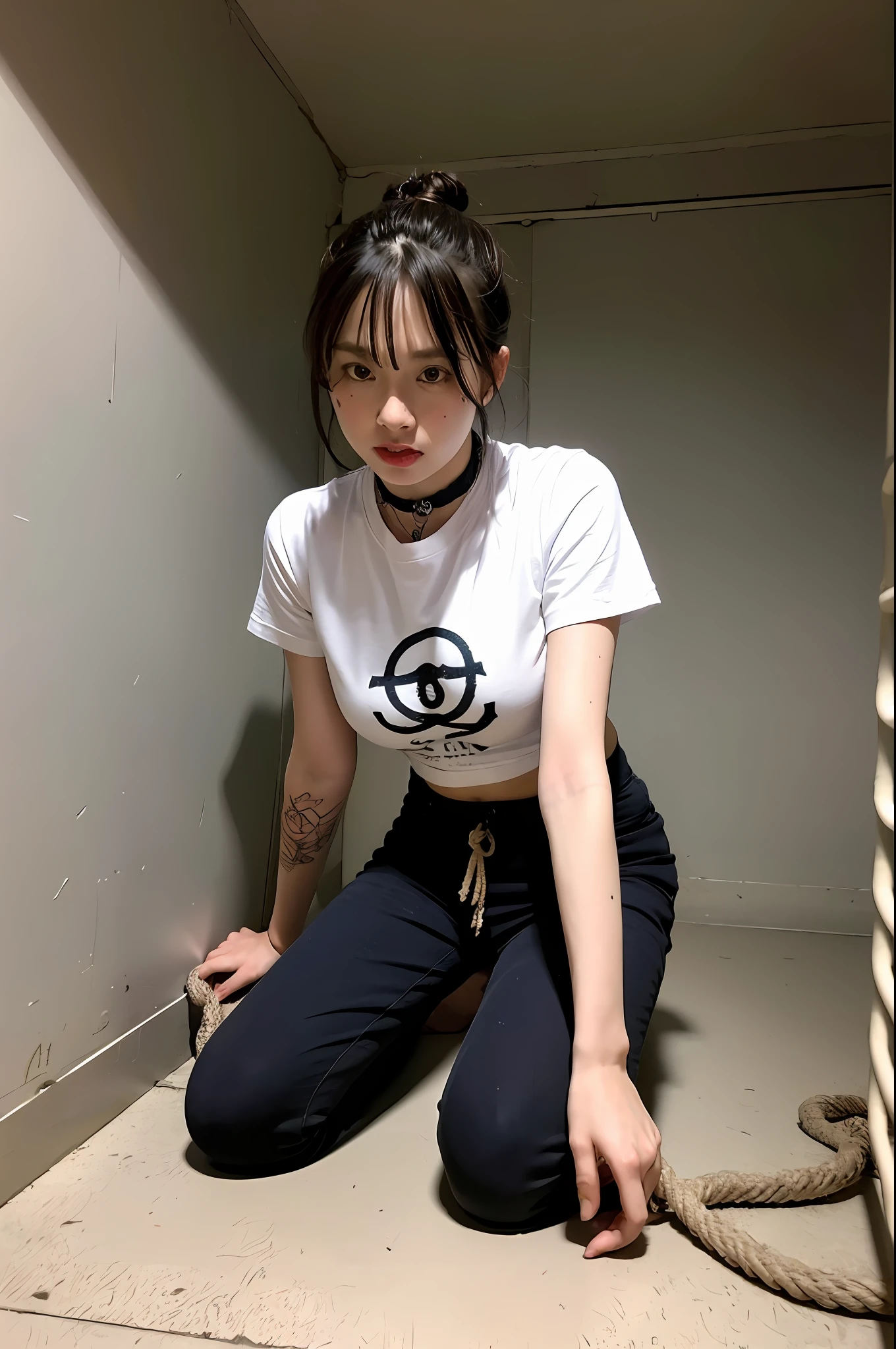 (8k:1.27), best quality, masterpiece, ultra highres:1.2), lesbian delinquent girl with dyed hair andnarm tattoos, tattooed girl, full body picture, dirty old white oversized knotted prisoner t-shirt, dirty big t-shirt, short big sleeves, beige prisoner pants tied with a rope, wearing dirty old goth clothes, long pink hair pulled back and messy bun, kneeling in a prison cell next to a noose, handcuffed, hands tied with rope behind body, submissive neck choker and checkered keffiyeh scarf in neck, 4k or 8k picture, looking at the floor down very sad, very sad face, praying, paisley bandana pirate style headscarf, smelly, barefoot, rope noose hanging from ceiling, tattooed body, noose rope hanging