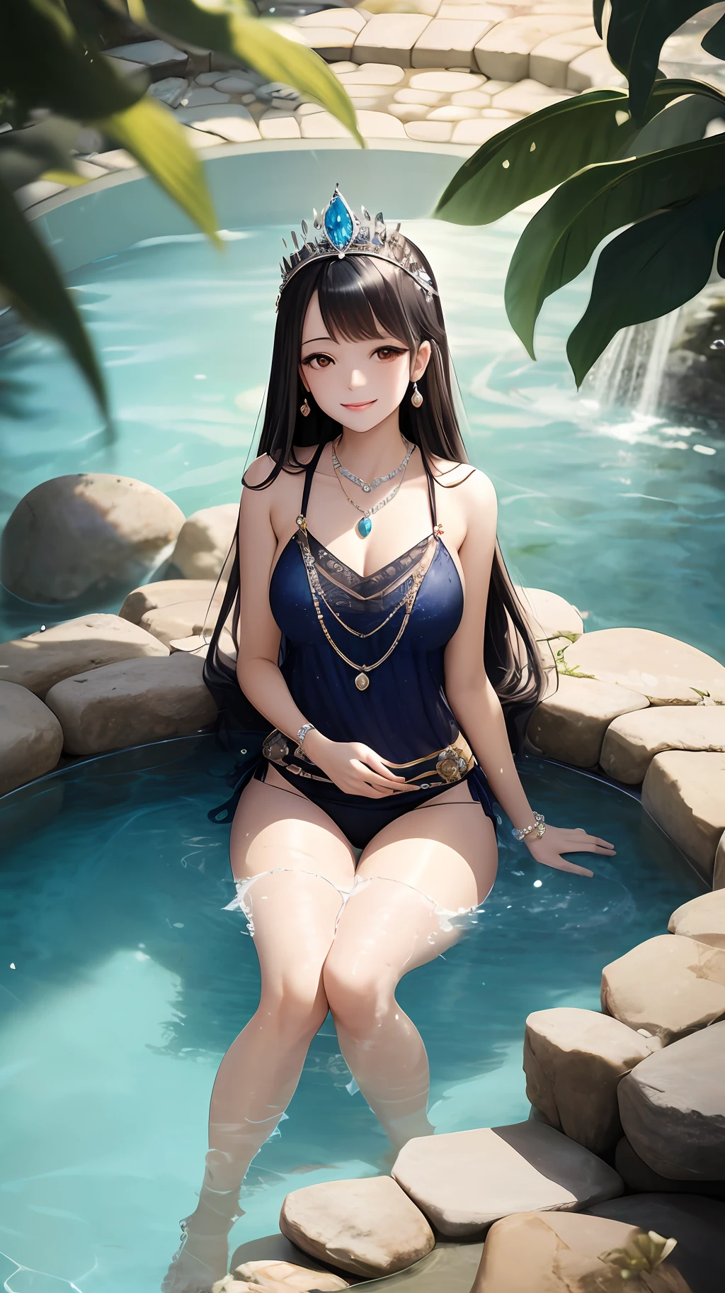 A beautiful and moving princess,diadem,pool of water,Bathe in the crystal clear water of the pool,Sapphire necklace,Maximum quality,master-piece,smiled --auto