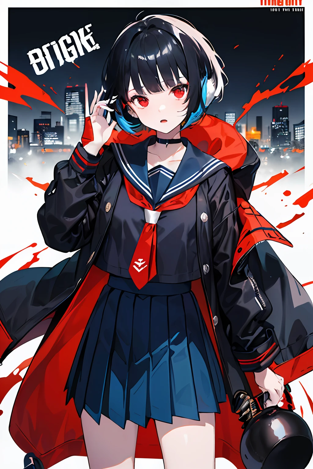 ((((dramatic))), (((gritty))), (((intense))) 1girl, girl, 10 yearsized coat) ((((bowlcut hair)))) ((((very short hair)))) (((shortest hair))) (black jet hair) (((hair barely covers ears and backhead))) sailor costume, (((blue dark sailor costume))) (((knee below skirt))), (((long skirt))) ((((slender)))) red costume details, (((tigth sleeves)))  (holding a katana) action stand (((red eyes))) ((black necktie)) (nigth neon city)  The background is dark and gritty, with a sense of danger and intensity. The color palette is mainly dark with splashes of vibrant colors, giving the poster a dynamic and visually striking appearance, outfit, posing, front, colorful, dynamic, background, elements, confident, expression, holding, statement, accessory, majestic, coiled, around, touch, scene, attention-grabbing, title, stylish, modern, trendy, focus, fashion,