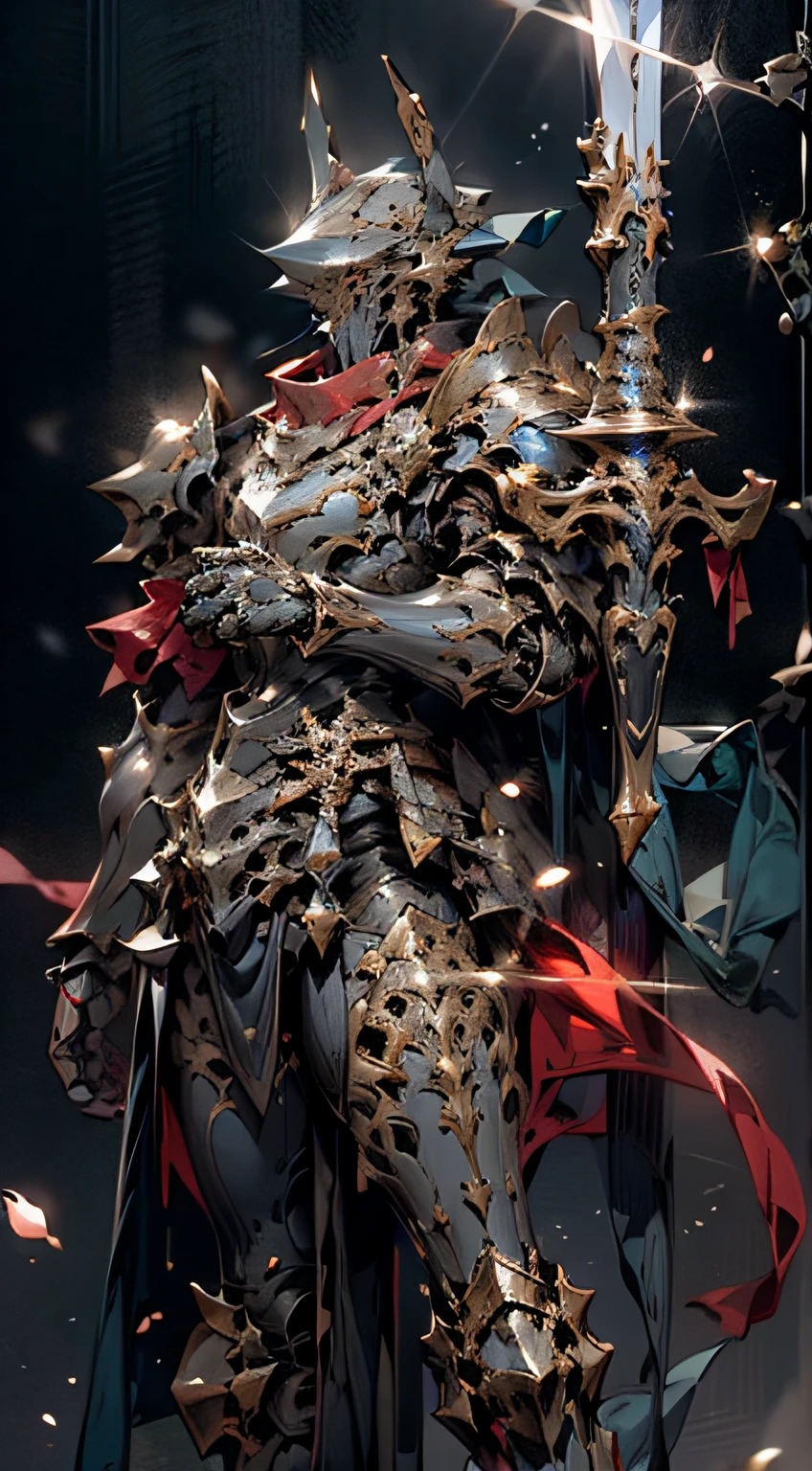 Highest image quality，superclear，（Verism，photo realistic：1.3），（Lens focal length：35mm），Backlight，A knight's mechanical armor，The shape is luxurious and sophisticated，A blue glowing cross is carved into the chest of the mech，The mech held a red glowing wide and heavy armored sword in his hand，The red scarf sways in the wind，The knight's eyes had a red flame glow，Battle stance drawing
