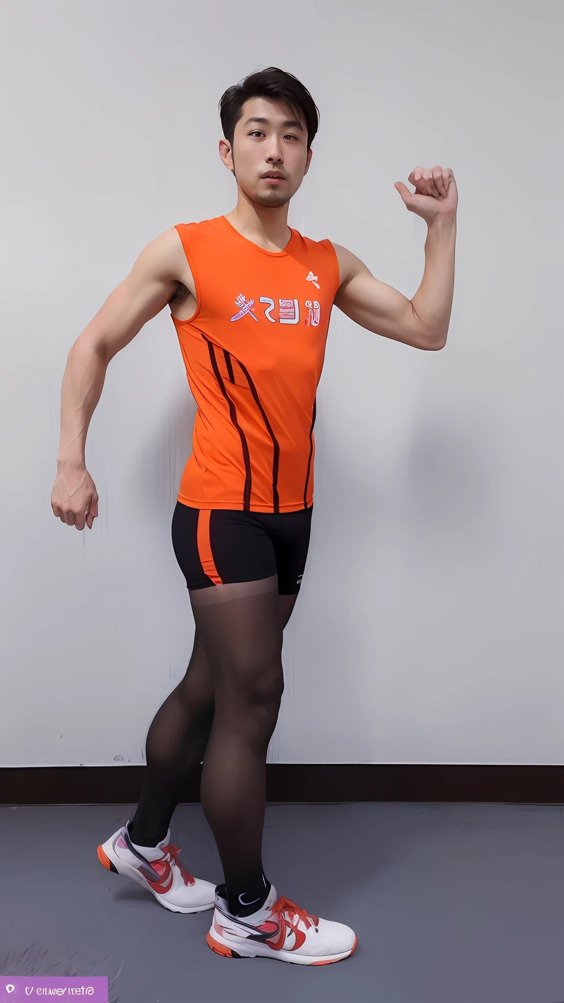 Man in orange shirt and orange shorts and pantyhose poses for photo, Wear athletics uniform and pantyhose, Highresolution,Realstic, photos, Wearing pantyhose, Wear tank top and shorts and pantyhose, professional sports style, sport clothing, Sporty physique, Athletic muscular legs,Shin hair,Japan Man(Enhances the luster and contrast of pantyhose)