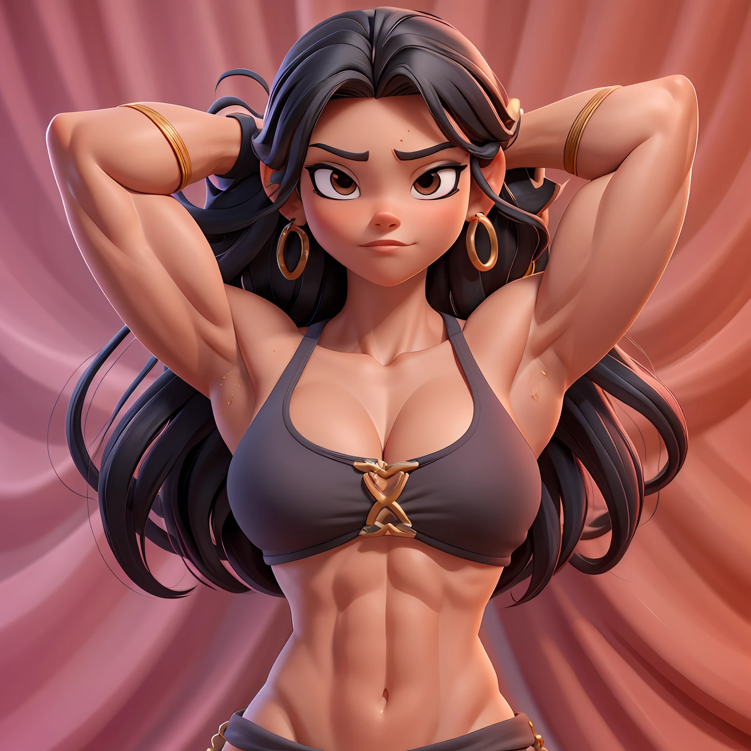 garota cadeirante, cadeira de rodas, cabelo preto liso, muscular arms, sobrancelhas grossas