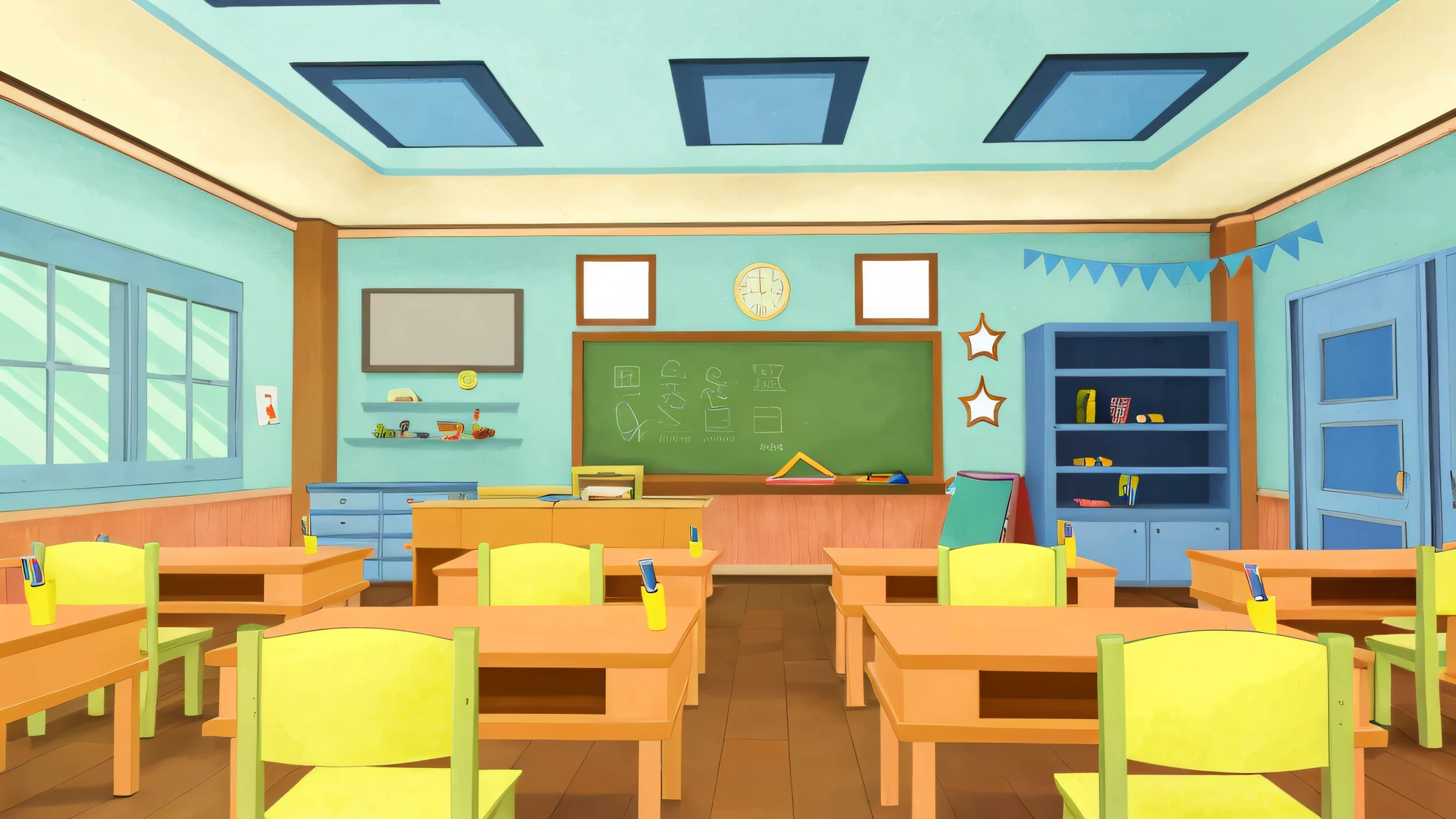 there is a classroom with a chalkboard and desks and chairs, classroom background, school classroom, classroom in background, interior background art, classroom, background art, inside elementary school, detailed school background, background artwork, in a classroom, random background scene, personal room background, typical anime classroom, highschool background, school class, anime background art, in a school classroom