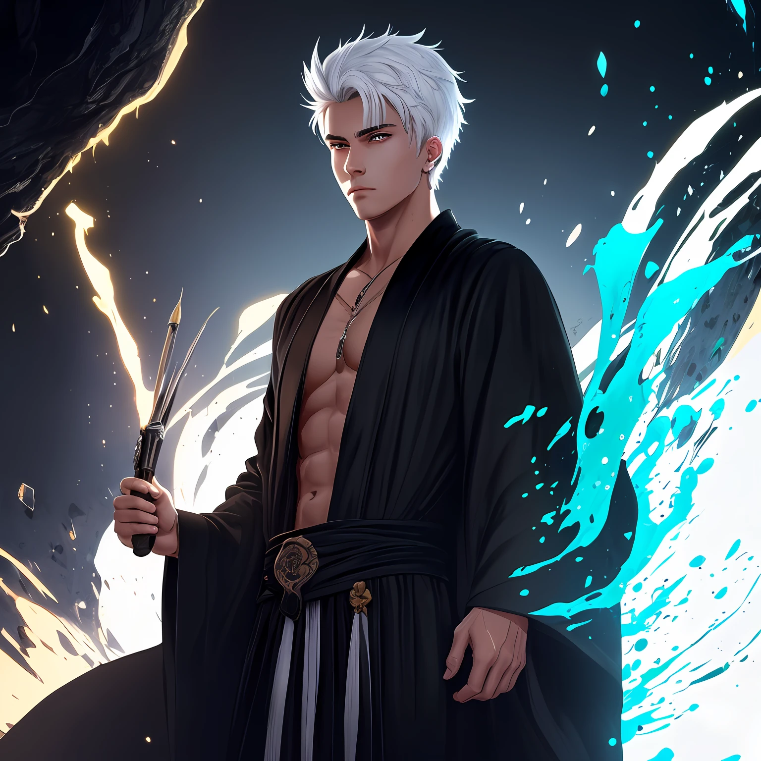 Cyberpunk male, fantasy world, dark background, clean design, epic instagram, artstation, colorful paint splatter, silhouette, hyper detailed intricate details, unreal engine, fantasy, intricate details, splash screen, complementary colors, Fantasy concept art, 8k resolution, deviantart masterpiece, oil painting, heavy strokes, paint dripping, (isolated on white background: 1.3), rainbow skin, (((handsome young man))), ((teenage:1.5) ), (glowing blue eyes), ((light eyes)), ((((short white hair: 1.1))), ((black clothes)), (prince\\(indifferent expression\\),, ( ((Wears high detail luxurious black robe))), white hair, (chest) --auto --v 6