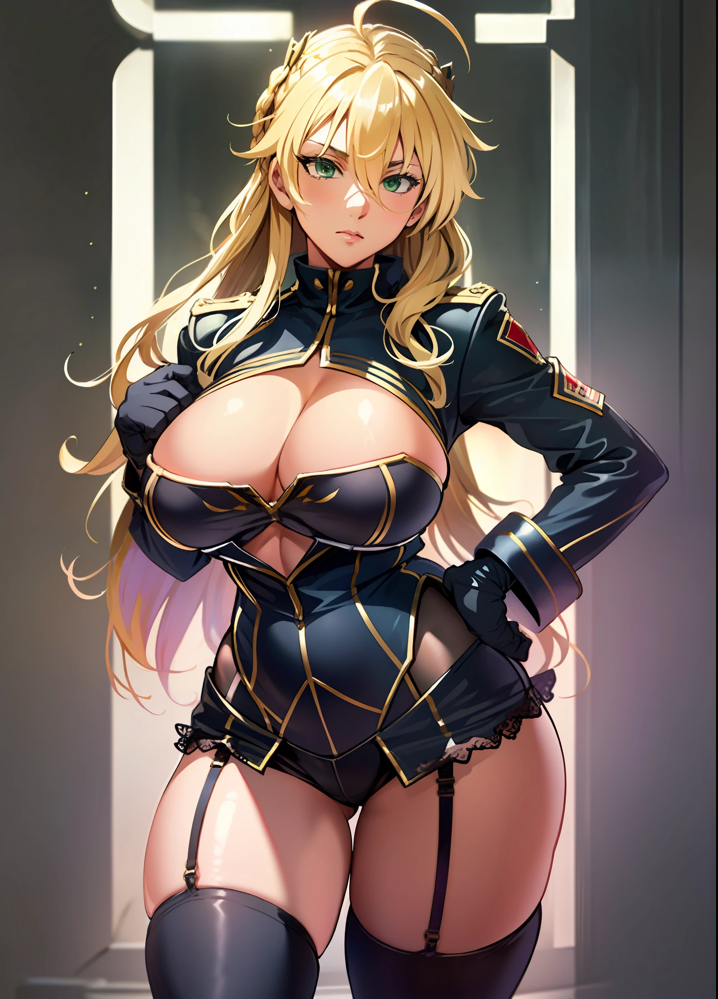 masterpieces, Detailed, Detailed eyes, mature female, Milf, a 1girl, ahoge, alternate costume, black gloves, black thighhighs, wide thighs, blonde hair, braid, Breast, coat, Green eyes, hair between eyes, holding, big chest, Long Hair, looking at viewer, military, military uniform, serious, side slit, upskirt, solo, standing up, hips, uniform, big chest, French braid, garter straps, erotica