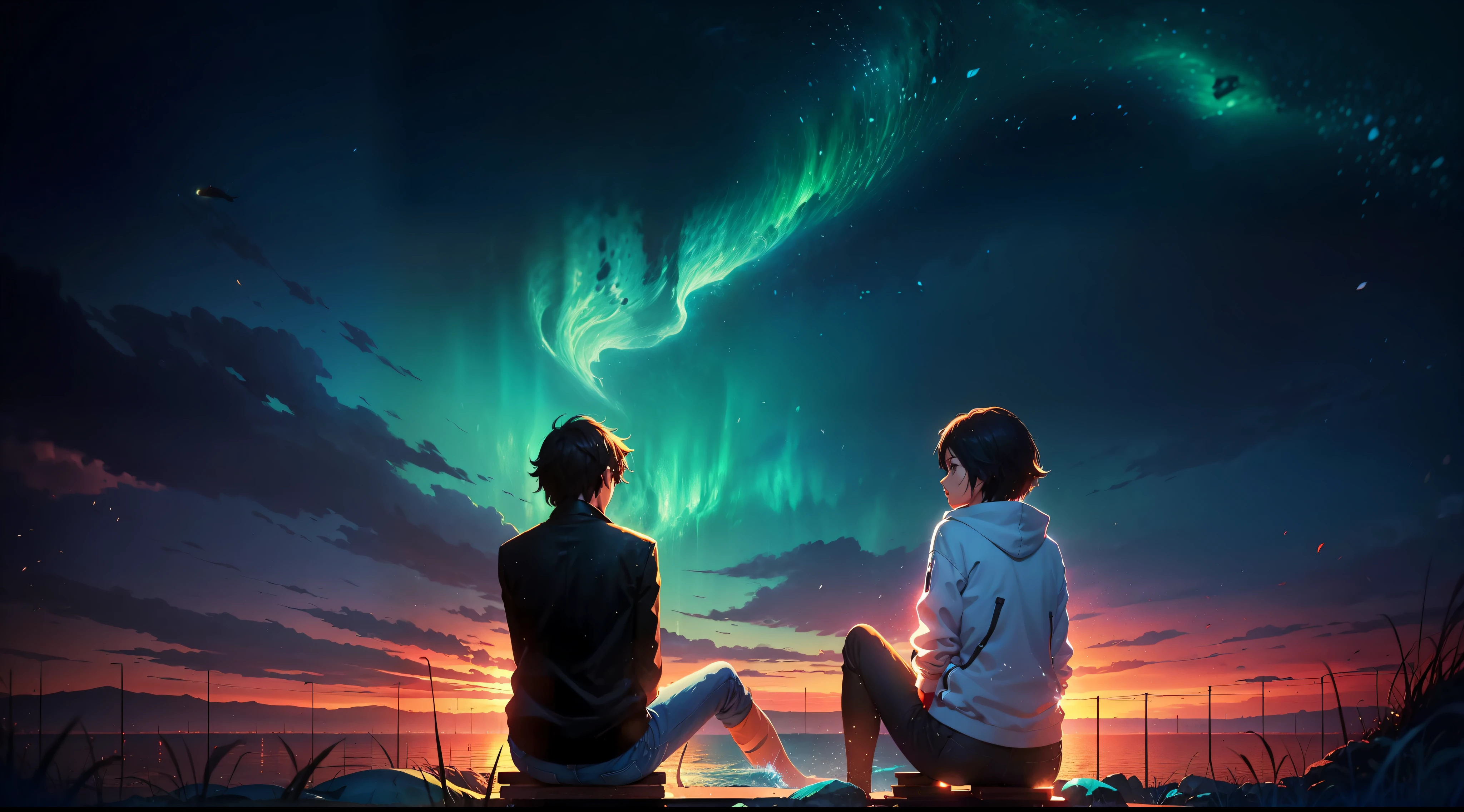 anime scene of two people sitting on a rock looking at a whale, makoto shinkai cyril rolando, guweiz and makoto shinkai, wallpaper anime blue water, ( ( makoto shinkai ) ), anime film still, makoto shinkai and bioware, blue sea. by makoto shinkai, colorful anime movie background