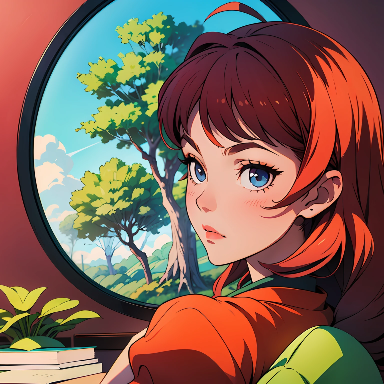 garoto com fone de ouvido, um quarto com livros espalhados, arvore rosa do lado de fora, com alta qualidade, 4k, high quality, anime, Anime estilo Shonjo, --auto