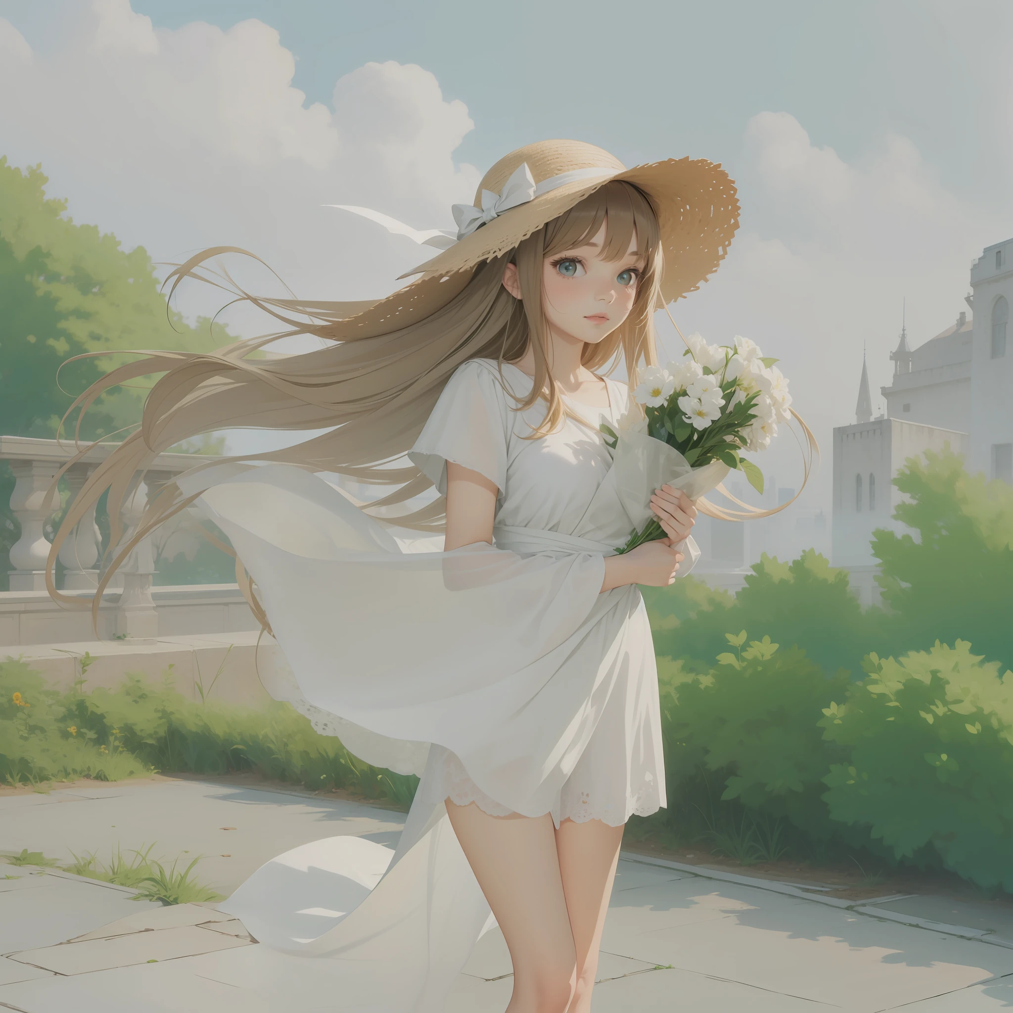 A girl with straw hat, wearing white cloth, holding flowers, digital painting ,8k, comic book style, digital ink pan digital art.