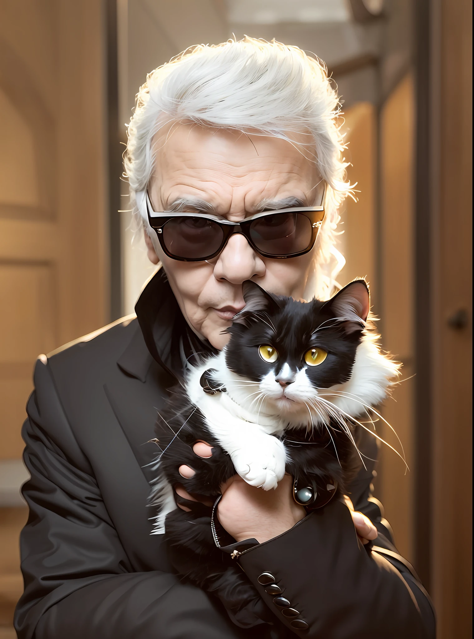 A man in sunglasses holds a cat,Karl Lagerfeld, white haired, wearing sunglass,Wear gloves,Wrapped around a cat