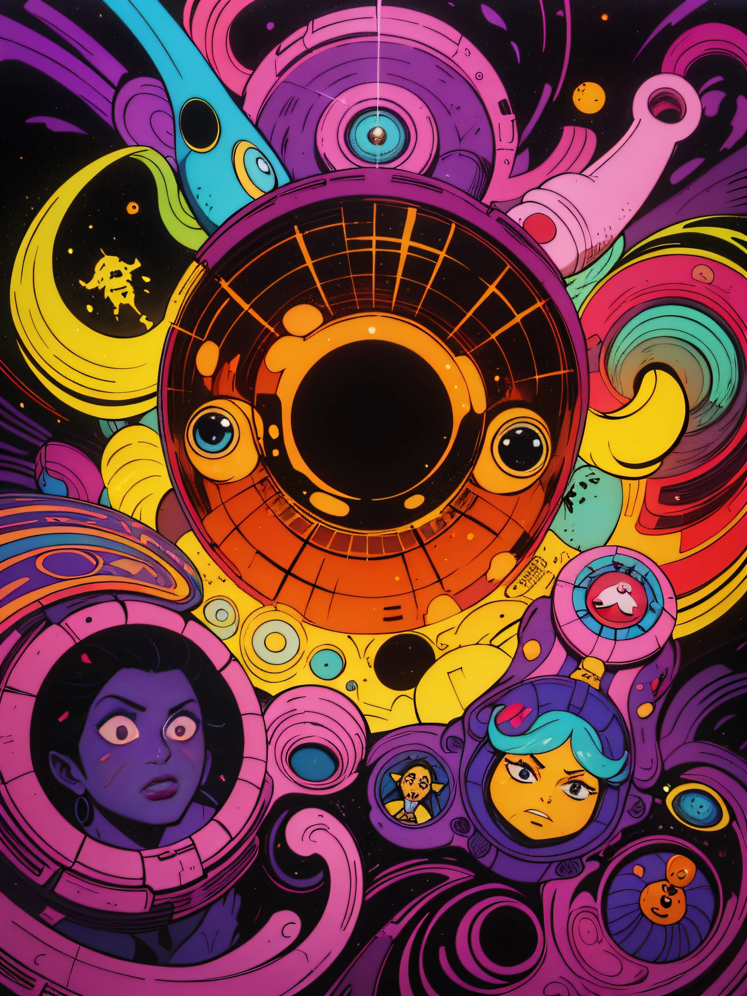 Atomic - age surrealism, translucent organisms, translucent humanoid figures floating, colorful void, organic forms, Richard Powers, by James Rizzi --ar 2:3, kamina shades, hime cut, Pop art, award winning, masterpiece, award winning