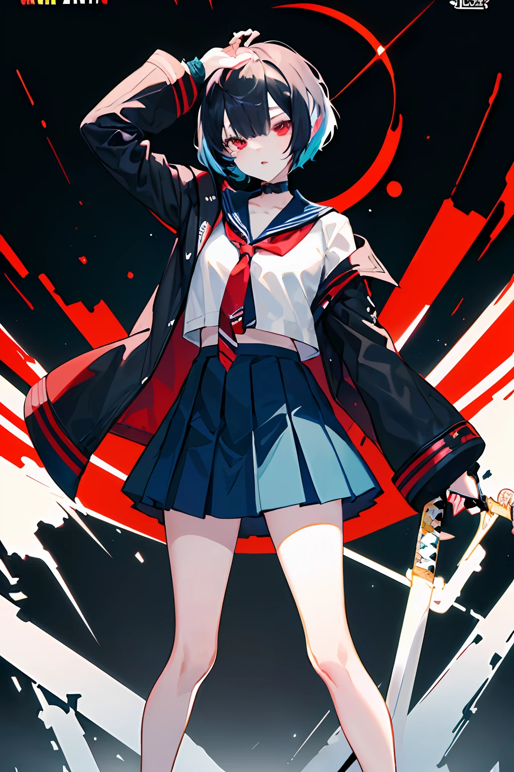 ((((dramatic))), (((gritty))), (((intense))) 1girl, schoolgirl, 10 years age, (oversized coat) ((((bowlcut hair)))) ((((very short hair)))) (((shortest hair))) (black jet hair) (((hair barely covers ears and backhead))) sailor costume, (((blue dark sailor costume))) (((knee below skirt))), (((long skirt))) ((((slender)))) red costume details, (((tigth sleeves)))  (holding a katana) action stand (((red eyes))) ((black necktie)) (nigth neon city)  The background is dark and gritty, with a sense of danger and intensity. The color palette is mainly dark with splashes of vibrant colors, giving the poster a dynamic and visually striking appearance, outfit, posing, front, colorful, dynamic, background, elements, confident, expression, holding, statement, accessory, majestic, coiled, around, touch, scene, attention-grabbing, title, stylish, modern, trendy, focus, fashion,
