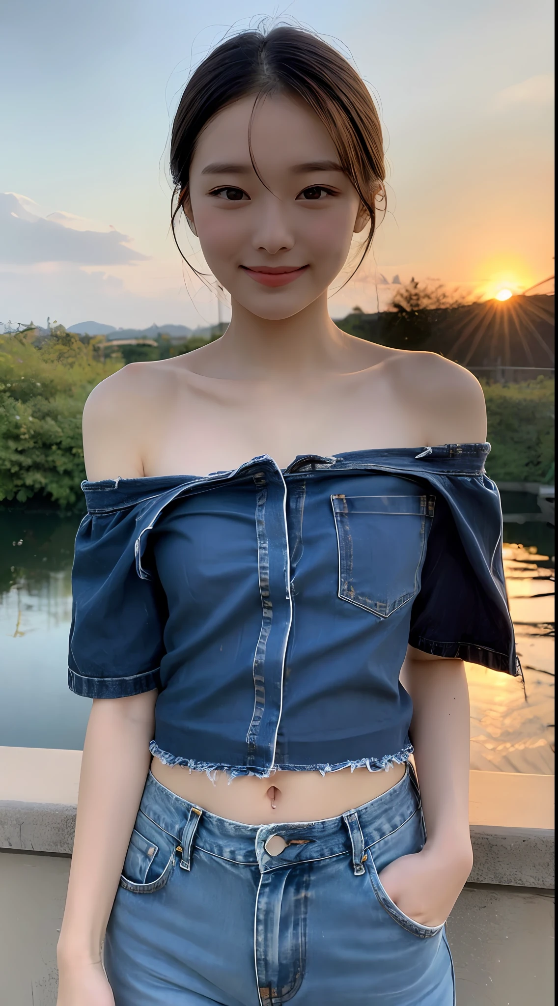 photo finish, slender, cute, Japan beauty, dark black eyes, little smile, fine skin, denim off-shoulder, very small underwear, sunset, realphoto