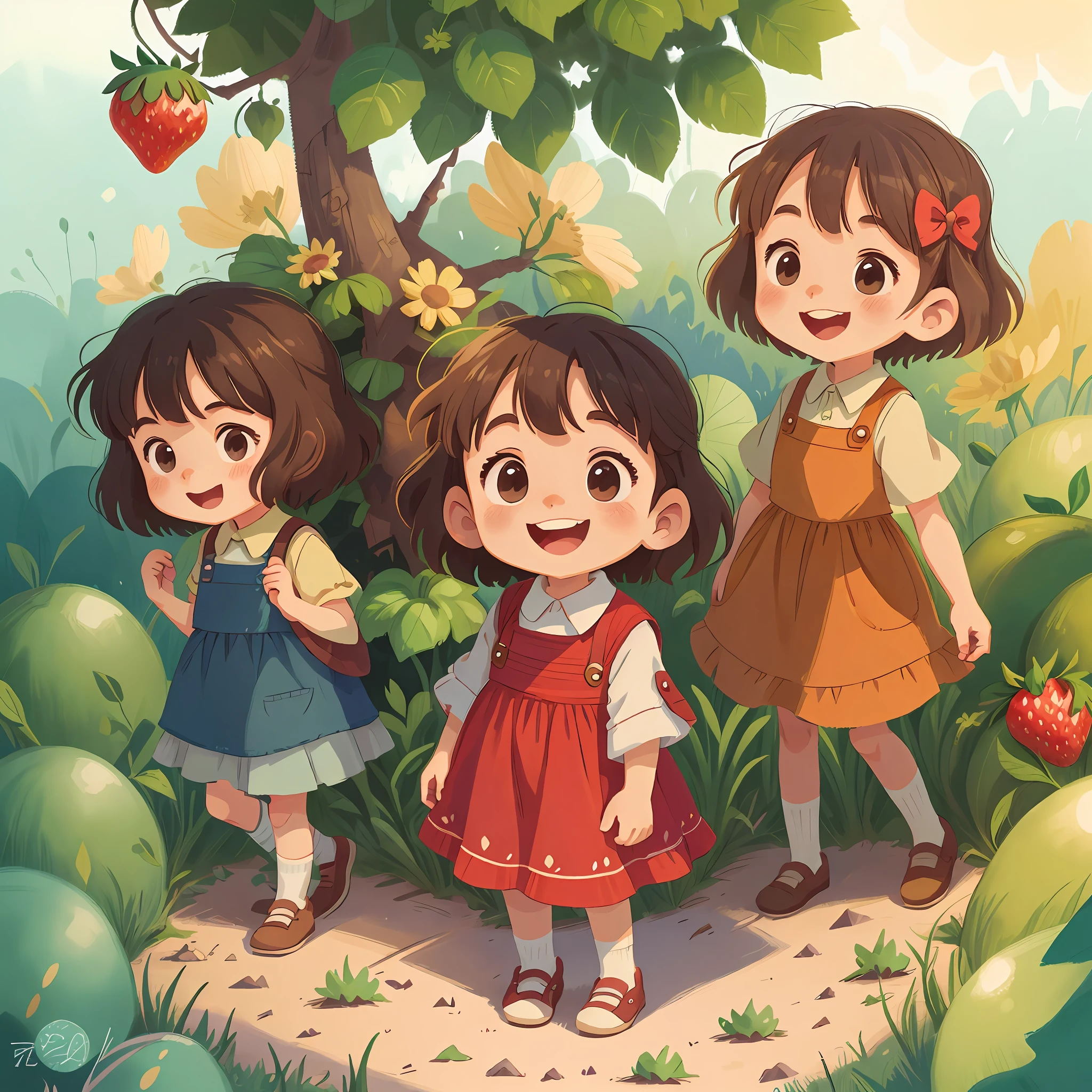 Happy girl. Bucolic style. Women's children's clothing. Smooth color. Simple art. Ghibli studio style. Strawberry character style.