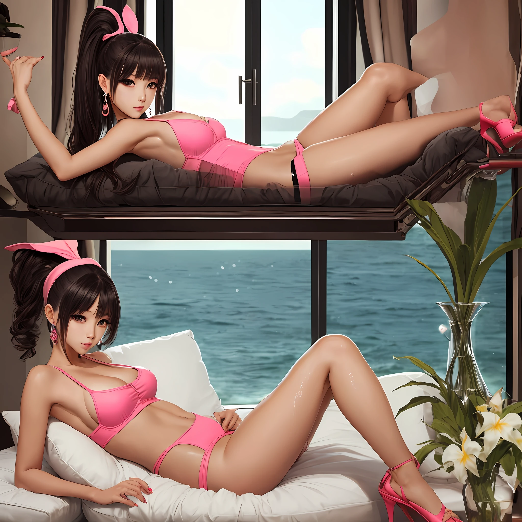 rabbit ears, playboy bunny, rabbit tail, sukurajima mai, siting on bed, medium breasts, wide hips, (masterpiece, best quality), ((extremely detailed, lush detail, , detailed skin )), (( floating hair, shiny skin)), wide hips, narrow waist, thick thighs, younger, blush, black outline, (gradient hair:1.1), 1girl, ((night, French window ,indoors, in luxury hotel room, sitting on a luxury bed, ojou-sama's bed, seascape, breasts focus):1.3), jewelry, hand on hip, white thighhighs, heart earrings, shoes, looking at viewer, (cleavage:1.2), clothing cutout , (gyaru:1.2) , pink nails, nail polish, (large pink bowtie ), pale skin, shy, perfect body, (pink heart-shaped pillows:1.1), (Futon), tsundere, beauty mark, pink clothing, peach,, Korean beautiful girl, 20 years old, best quality, ultra high res, (photorealistic:1.4), 1 girl, (ulzzang-6500:1.0), (naked: 1.4), dark hair, intricate earrings, huge breasts, DDD Breasts, ((showing butt)),  detailed wet skin,  (dynamic pose), hdr,  perfect face, subsurface scatter skin, realistic skin, photoreal, pores,(symmetrical eyes), ( perfect eyes), outlined iris,8K, pores, --auto