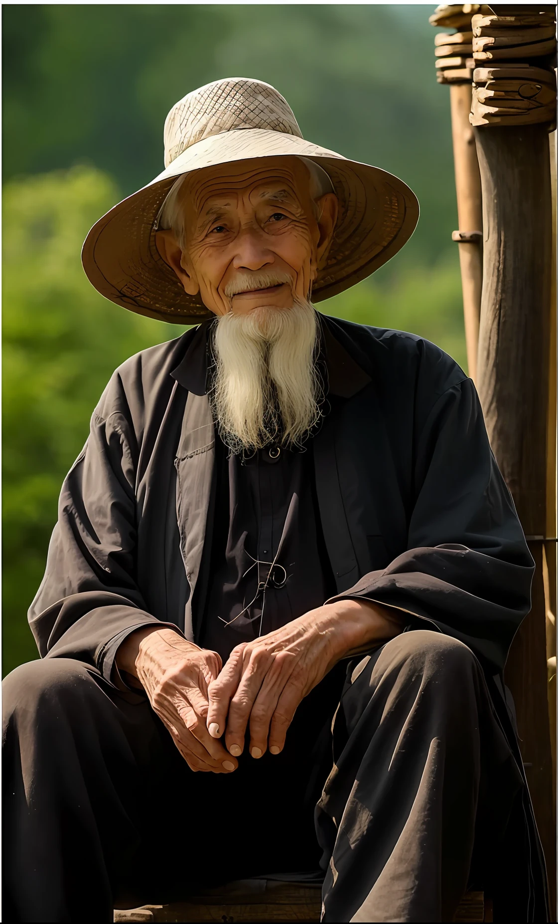 arafed man with a long beard and a hat sitting on a wooden bench, Wise old man, An old man, portrait photo of an old man, chinese artist, 7 0 mm portrait, 60mm portrait, while smiling for a photograph, he is about 8 0 years old, a old man, an 80 year old man, peaceful expression, Old man