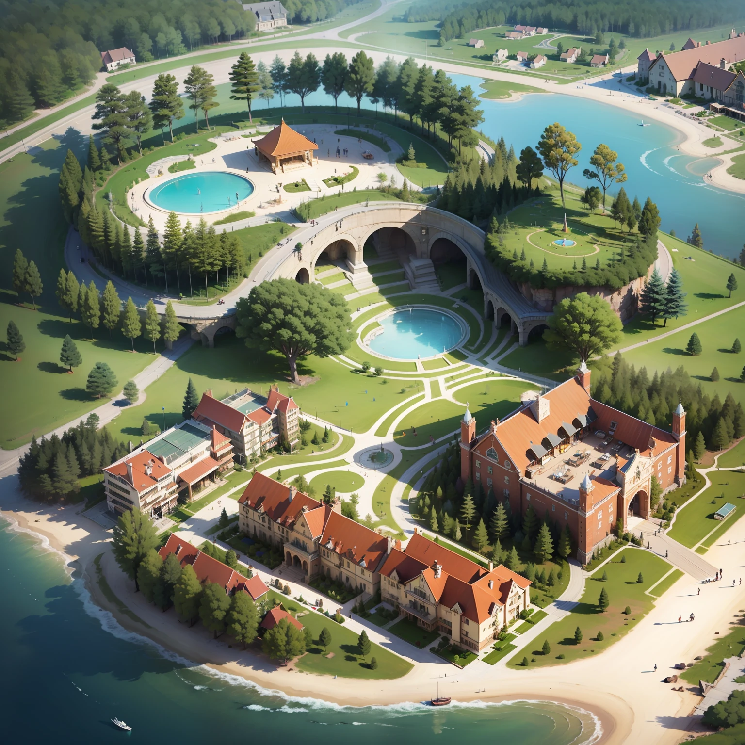 Aerial view of Alafard of the hotel with lake and garden, aerial illustration, highly-detailed illustration, detailed digital illustration, prerendered isometric graphics, isometric aerial view, Resort background, highly detailed scene, Detail 2.5D illustration, hq very detailed, complex 3d scene, isometric map, high detailed illustration, concept art highly detailed，--seed 1960457989