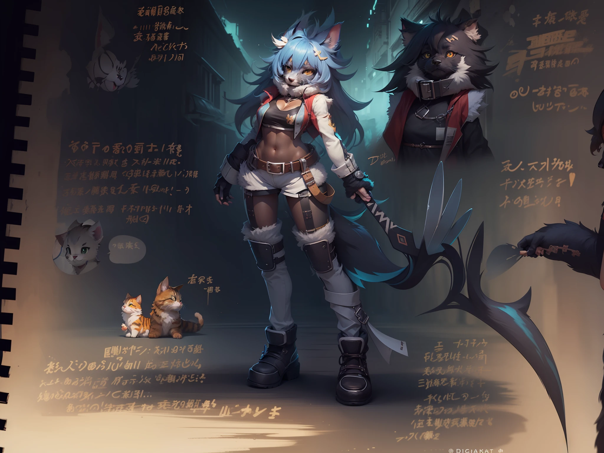chromatically,(Dark environment:0.8),Masterpiece,High quality,abstract res,digtial painting\(piece of art\), By Dagasi, Yupa,Kiyosan,(anthro,Fluffy fur,Character focus:1.1),anthro male cat,Short hair,portrait , Bright eyes, Panoramic View, Character focus.(Detailed background:0.7), 独奏, shaggy, Furry female, female focus, anthr,(Full body fur, Fluffy tail)