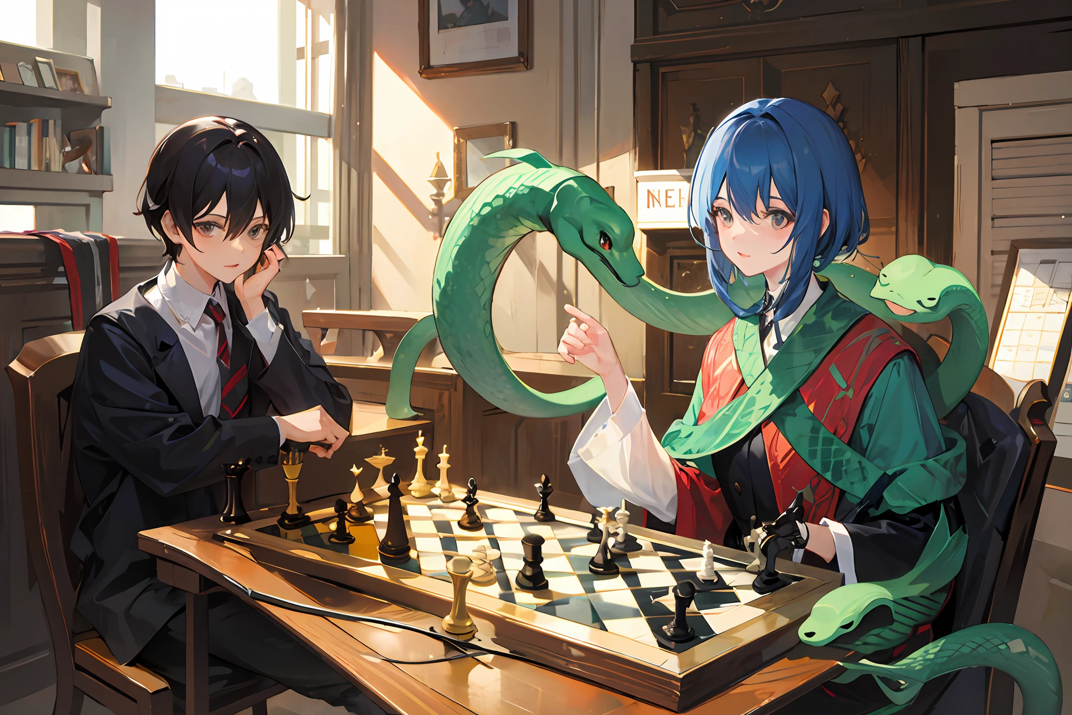 Two snake-headed people playing chess