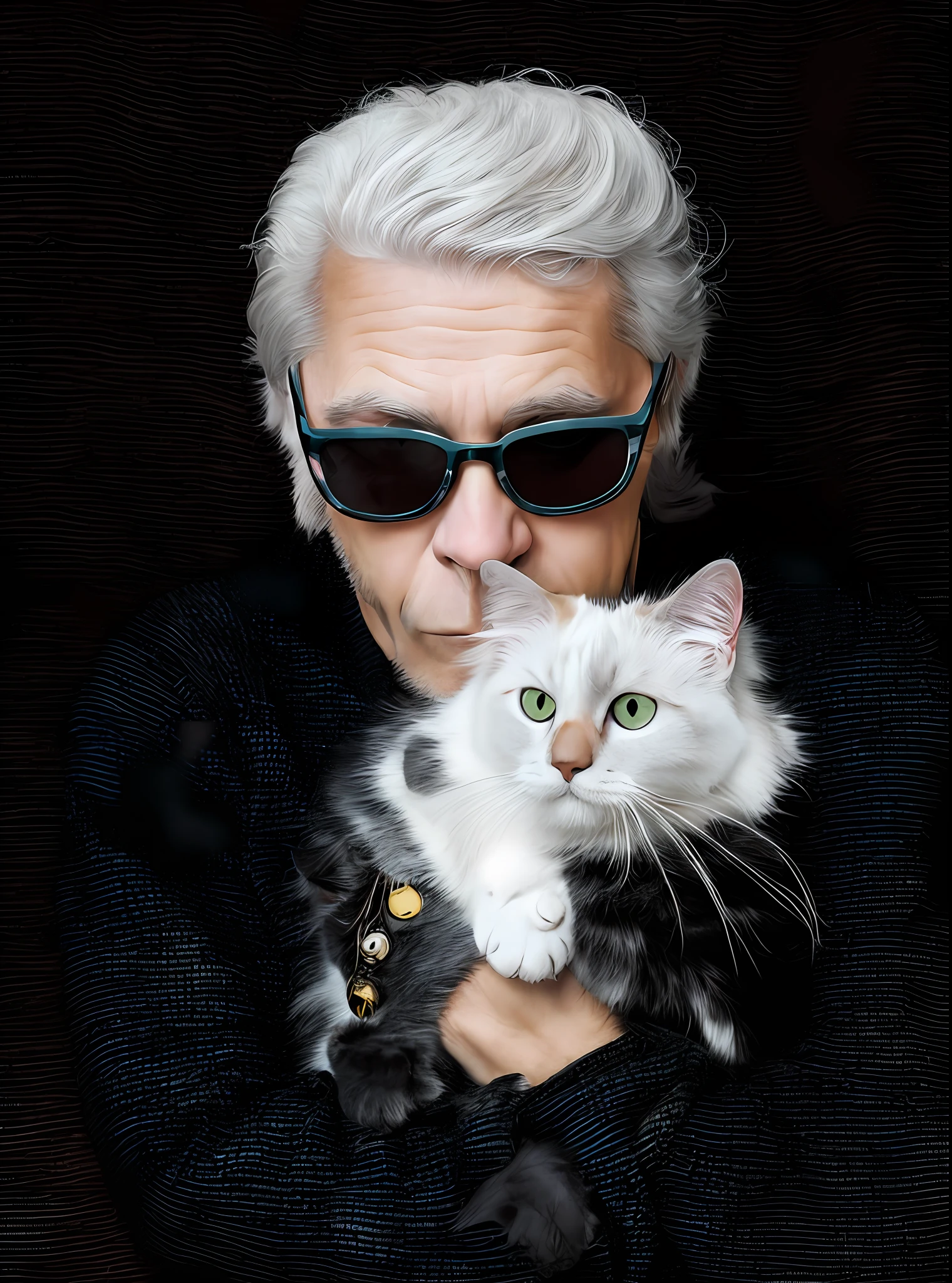 A man in sunglasses holds a cat，Holding the cat with gloves around him，white hair