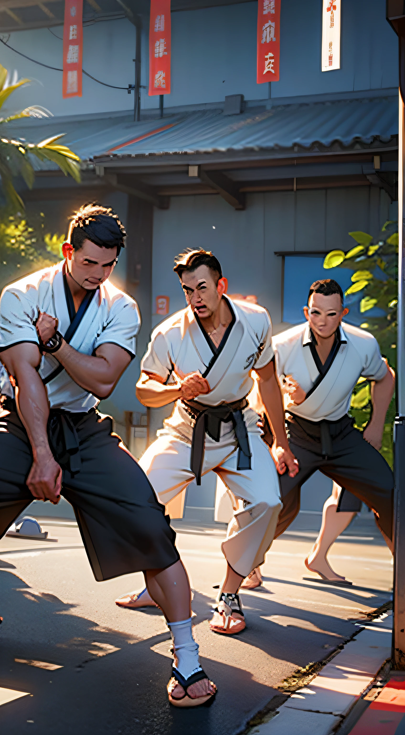 best qualiy,master-piece,inoccent face,ultra-high-res,detailed backgrounds,lifelike,A group of captains dressed in cultivation uniforms stood on the spacious training ground,Sweat dripped down their foreheads。They concentrate on various fist and foot kung fu exercises,Everyone showed different skills and momentum。