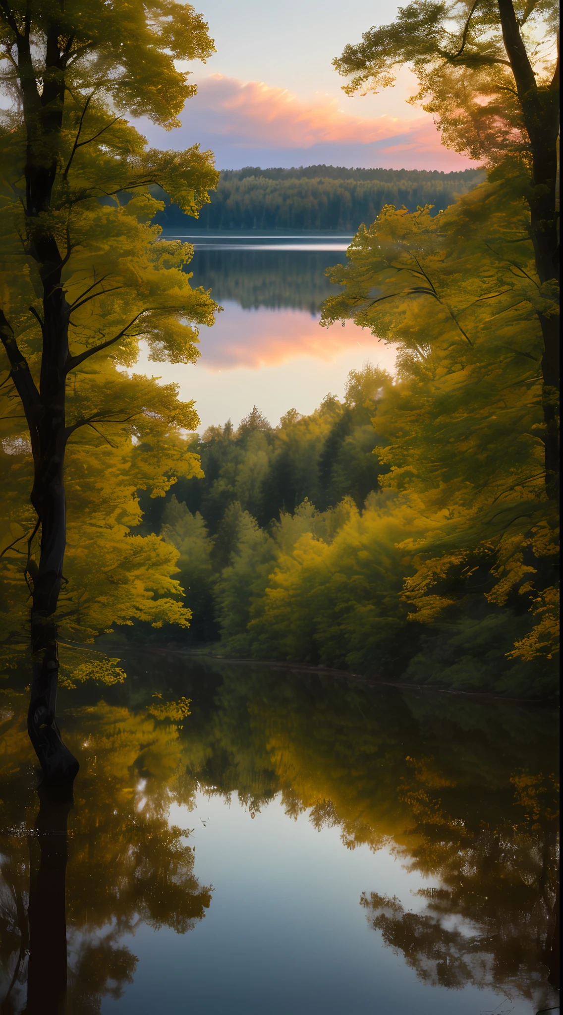 wall paper， summer， lake， daybreak， forests， 8k raw，hasselblatt，Clouds， Dawn background， depthoffield， HD detail， ultra-details， cinematic lig， softlighting， Deep field focus bokeh， ray traicing， Diffuse （Ultra-fine glass reflection） and realism. --v6