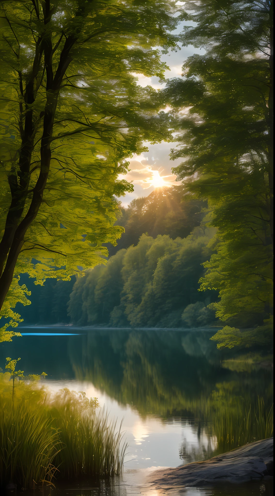 wall paper, summer, lake, daybreak, forests, 8k raw,hasselblatt,Clouds, Dawn background, depthoffield, HD detail, ultra-details, cinematic lig, softlighting, Deep field focus bokeh, ray traicing, Diffuse (Ultra-fine glass reflection) and realism. --v6