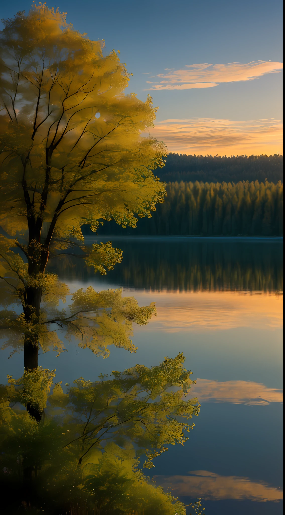 wall paper， summer， lake， daybreak， forests， 8k raw，hasselblatt，Clouds， Dawn background， depthoffield， HD detail， ultra-details， cinematic lig， softlighting， Deep field focus bokeh， ray traicing， Diffuse （Ultra-fine glass reflection） and realism. --v6