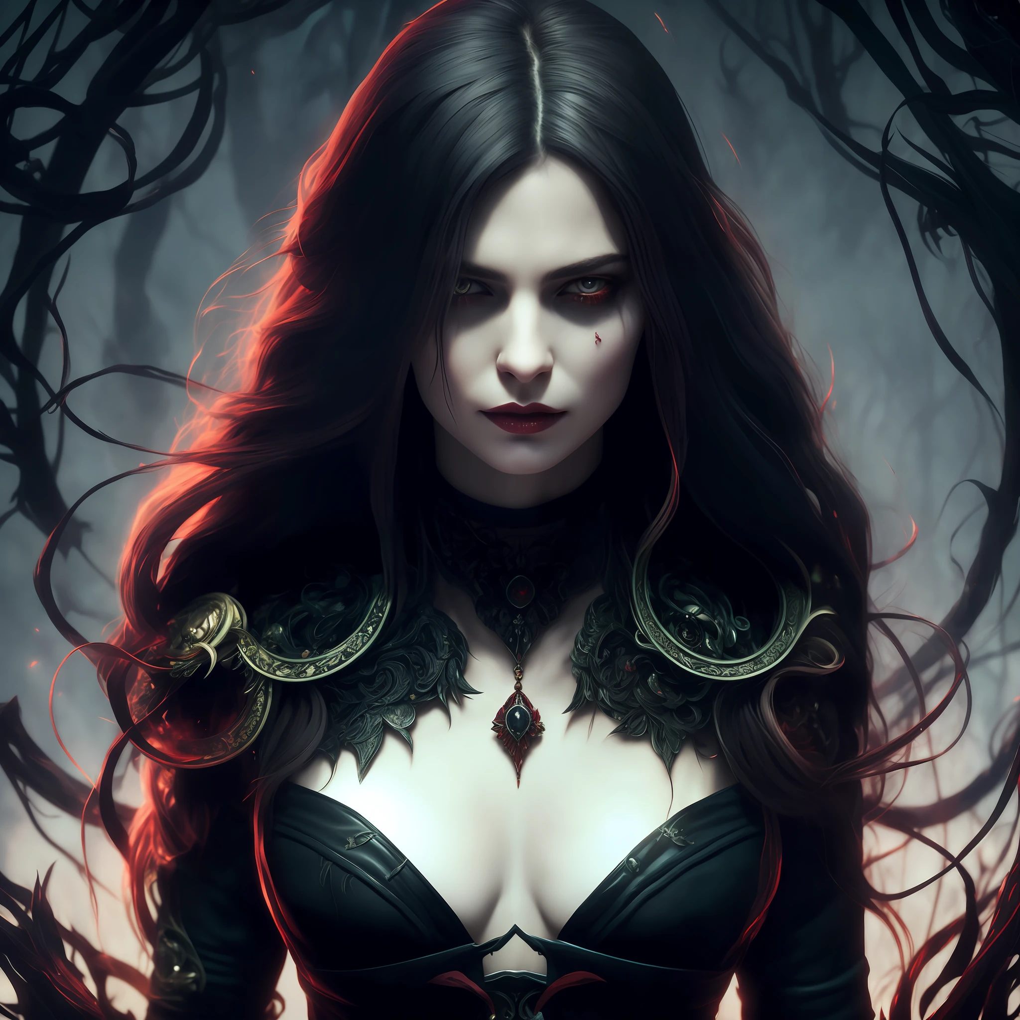 ((do peito para cima)), (((onda de sangue))), ornado, intrincado, Um hiper-detalhado, ultra-sharp digital painting in a creepy and bloodwave style, depicting a woman with long flowing hair, os detalhes intrincados e ornamentados da obra de arte acentuam a atmosfera de horror e sinistro, creating a sense of unease and fascination, the smooth and sharp focus capturing every chilling aspect, the full-body illustration showcased in 8k resolution, portraying the woman in all her terrifying glory, [seios perfeitos]