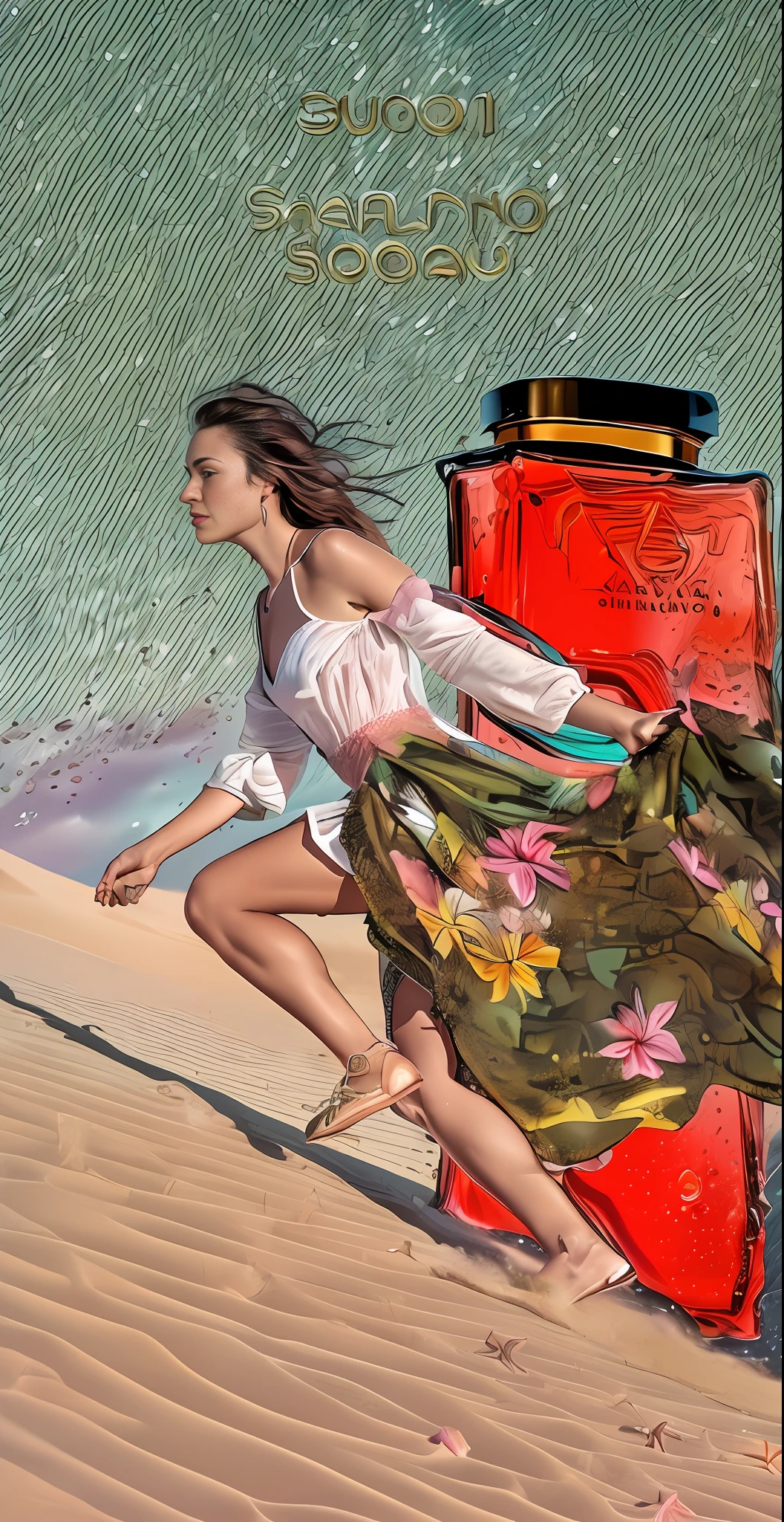 (masterpiece, finely detailed beautiful legs: 1.2), (next to a giant perfume bottle, ((( A super realistic professional film shot ))), (( Realistic photo )), ((( woman running in the sand with a colorful fluttering dress in the air ))) , music video, ((( perfume commercial))) dancing on a sand dune at a tropical beach, ((( fashion in slow motion ))), ((( behind her a gigantic super elegant perfume bottle resembling Armani with glitter details d, reflection in giant video bottle filled with realistic liquid in soft pink tone ))) , (((Magazine cover with designer perfume commercial))) , ((( Perfume bottle:1.4 ))) Cover of New Perfume Launch, close to the beach, ((( Sameface:1.4 ))), posing on a beach with sand dunes, in the commercial and, Ashteroth movement, girl running climbing sand between dunes, vacation photo, album art, Beach, running freely holding skirt on beach, 32K:1.4, FUHD+ , ((( high-quality, high-resolution))) , small details, ultra-detailed, best quality , sharp, digital illustration, detailed, realism, 4k, 8k, trending in artstation, good anatomy, beautiful lighting, award-winning, photorealistic, realistic shadows, realistic lighting, beautiful lighting, raytracing, intricate details, moody, rule of thirds, artwork press, (illustration: 1.1), highres, (extremely detailed CG, unity, 32K wallpaper, : 1.1), ultra realistic, masterpiece, bokeh, extremely detailed, intricate, zoomout, colorful, vibrant colors