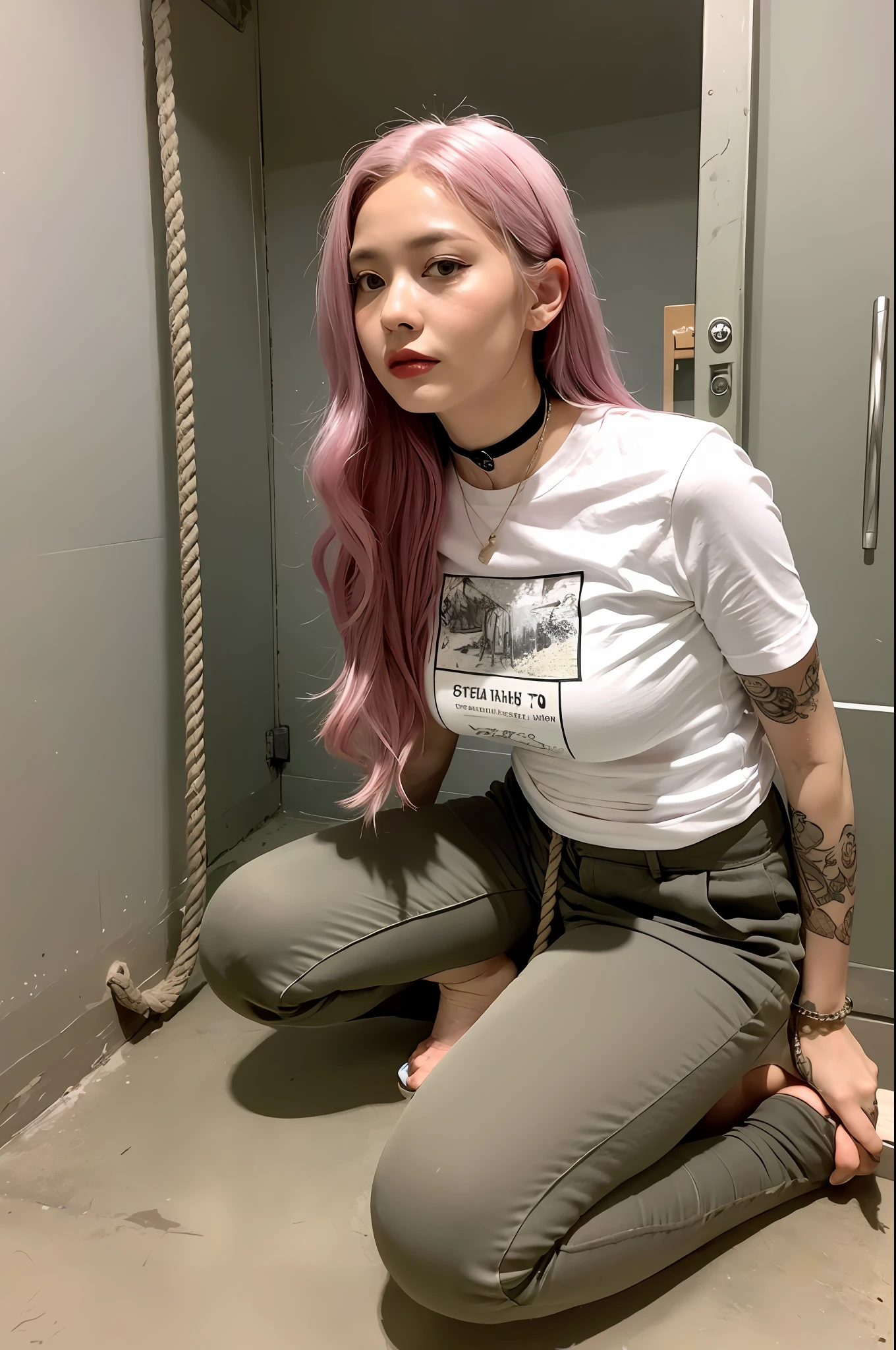 (8k:1.27), best quality, masterpiece, ultra highres:1.2), lesbian delinquent girl with dyed hair andnarm tattoos, tattooed girl, full body picture, dirty old white oversized knotted prisoner t-shirt, dirty big t-shirt, short big sleeves, beige prisoner pants tied with a rope, wearing dirty old goth clothes, long pink hair pulled back and messy bun, kneeling in a prison cell next to a noose, handcuffed, hands tied with rope behind body, submissive neck choker and checkered keffiyeh scarf in neck, 4k or 8k picture, looking at the floor down very sad, very sad face, praying, paisley bandana pirate style headscarf, smelly, barefoot, rope noose hanging from ceiling, tattooed body, noose rope hanging