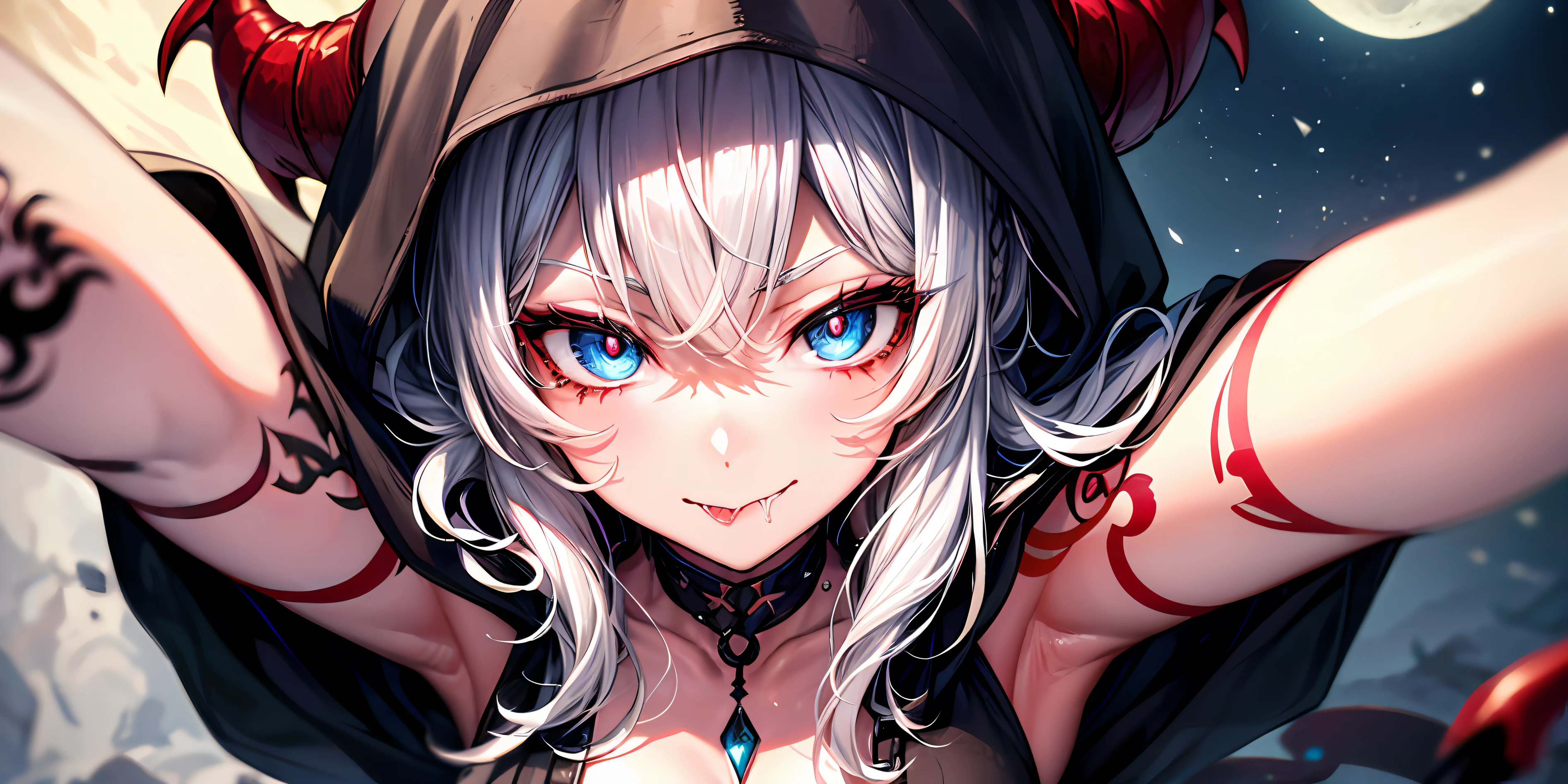 (close up front:1.4),eyes on_Focus,long tongue,(night,moon:1.2),little breasts,tattoo,Blue eyes,Messy hair,Long hair,Silver hair,hooded cloak,demon tail,1girls,Piercing,Smirk,saliva