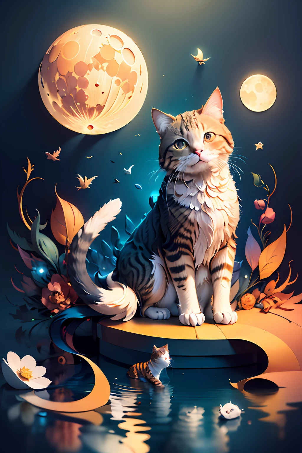 (((masterpiece))),bestquality,illustration,beautifuldetailedglow,
paper_cut, cat, water, moon,